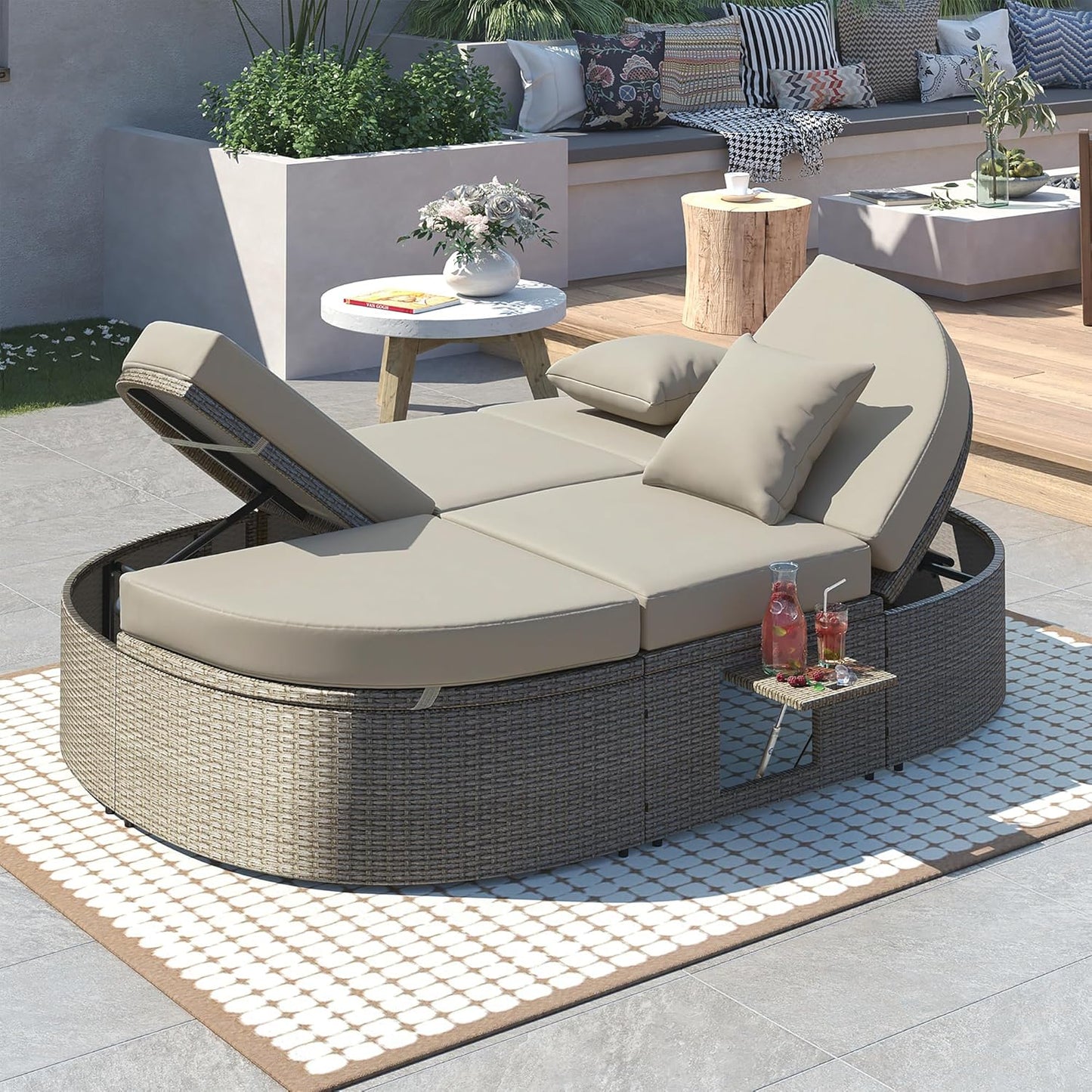 kevinplus Outdoor Daybed Patio Sunbed with Adjustable Backrests and Foldable Cupholder, Rattan Outdoor Garden Daybed Sunbed Reclining Chaise Lounge for Poolside Balcony, Gray