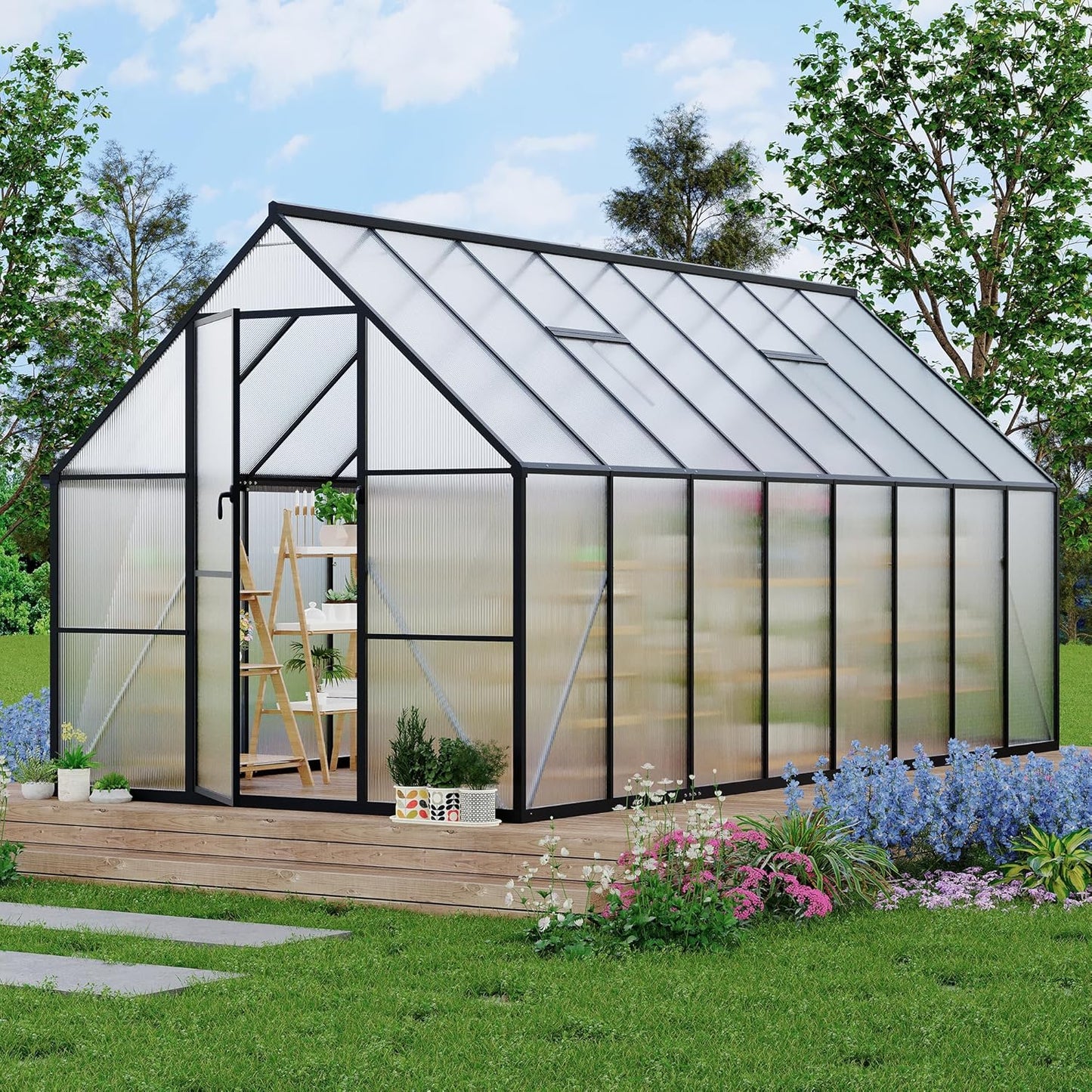 8'x16' Aluminum-Framed Polycarbonate Greenhouse, Heavy Duty Polycarbonate Greenhouse with Quick Setup Structure and Roof Vent, Large Enhanced Aluminum GreenhouseKit for Outdoors