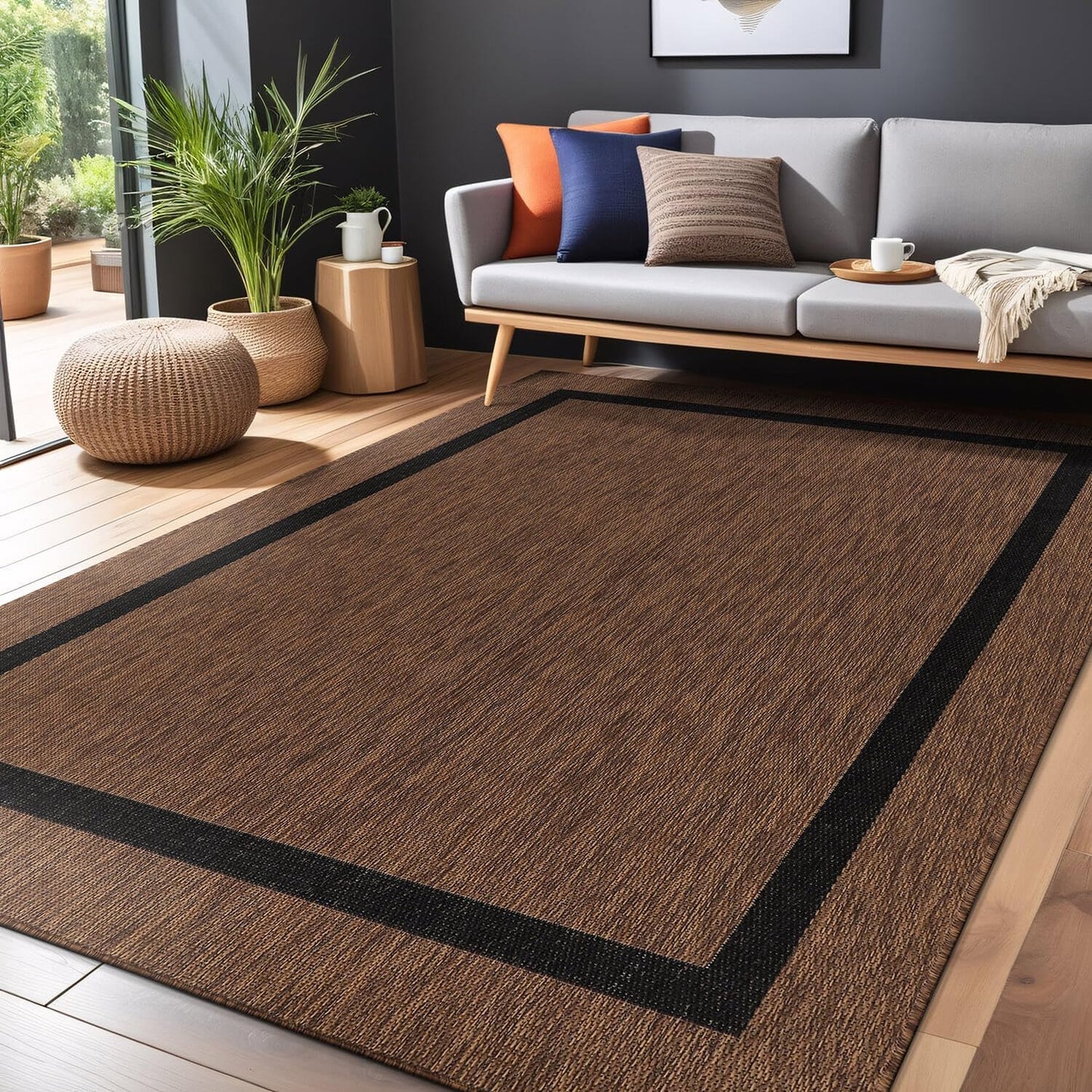 Bordered Outdoor Rug 8x10 Washable Outside Carpet for Indoor Patio Porch Waterproof Easy Cleaning Non Shedding Area Rugs Nut Brown - Black 8 x 10