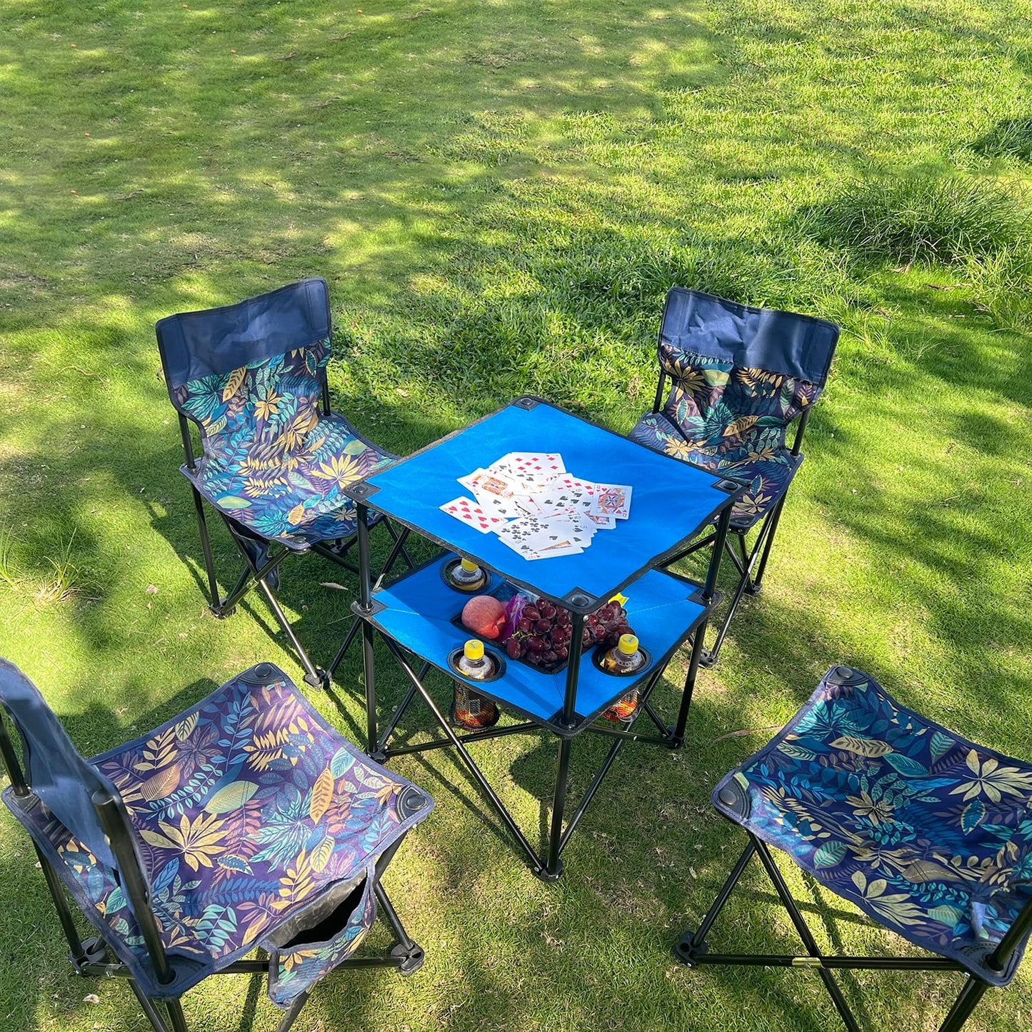 Portable Folding Camping Table with Cup Holders – Lightweight & Compact 2-Tier Outdoor Table with Storage, Ideal for Card Games, Snacks, Picnic, Tailgating & Camping (Blue + Black)