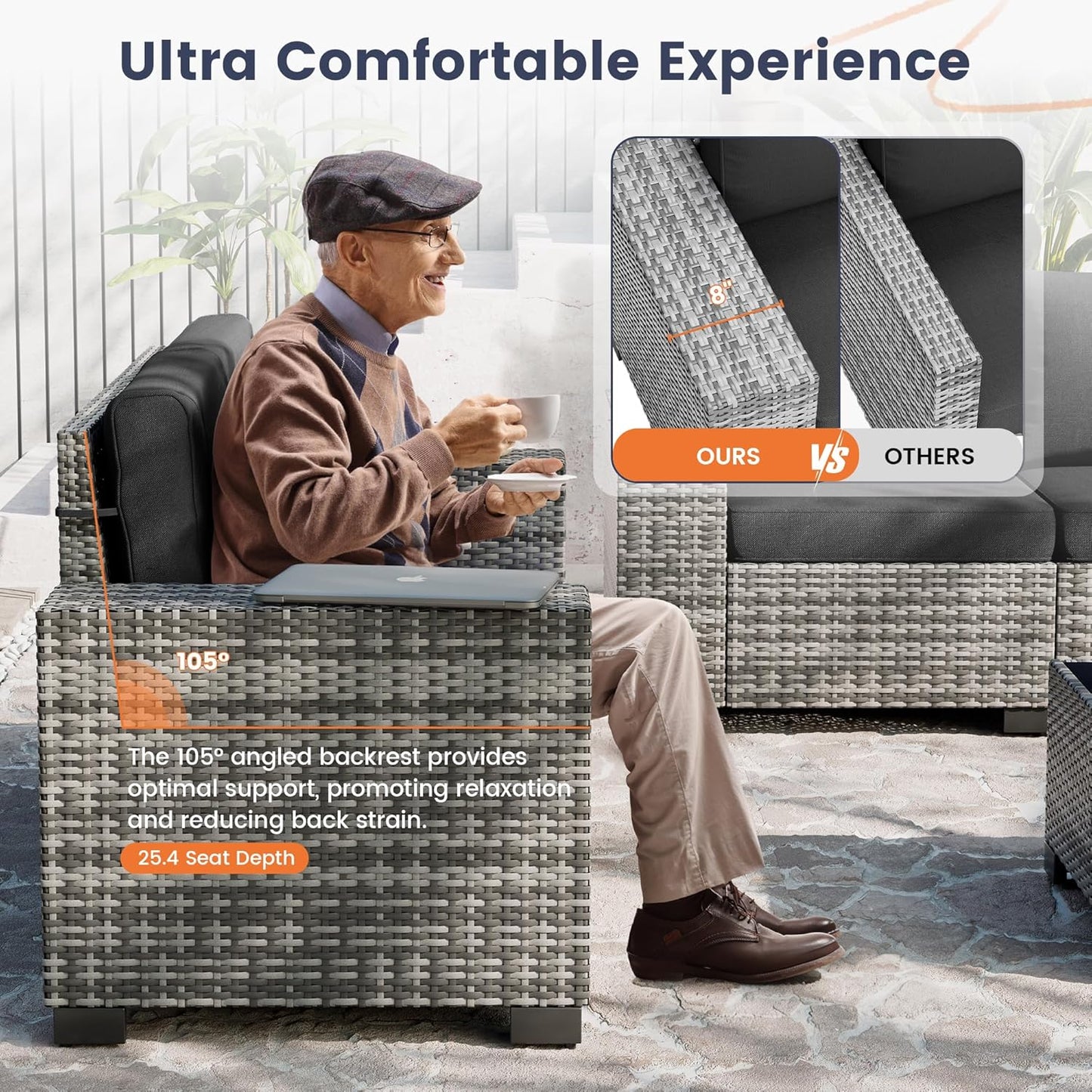 UDPATIO Patio Furniture Set with Fire Pit Table, 8 Inch Armrest Outdoor Sectional Sofa, 7 Piece Wicker Outdoor Furniture Conversation Sets with Waterproof Cover for Backyard Deck(Grey/Black)