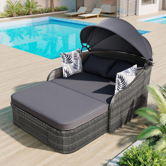 kevinplus Outdoor Patio Sunbed Daybed Double Lounge with Adjustable Canopy for Garden Backyard Pool, PE Rattan Wicker Material & Moveable Cushion Cover, Gray