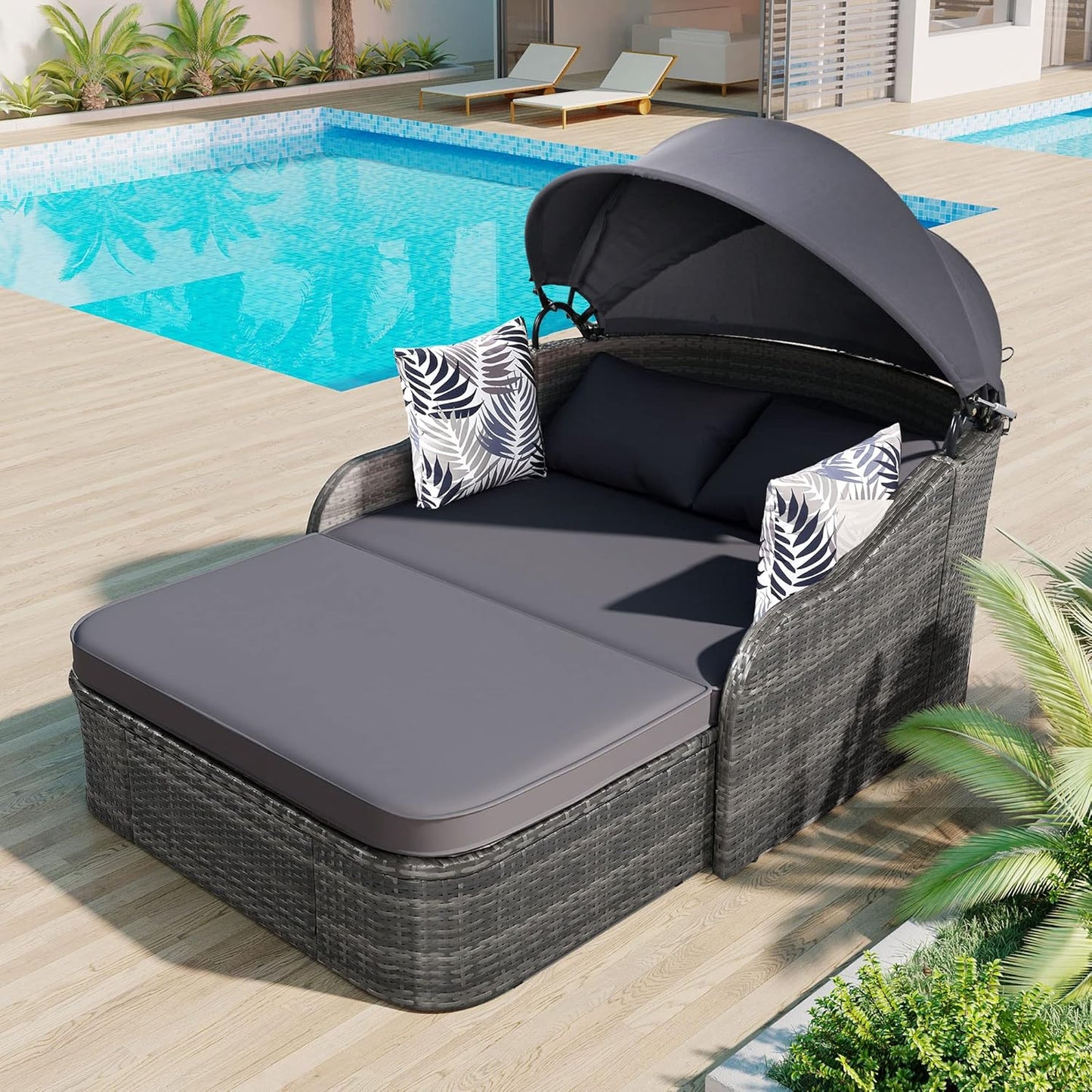79.9" Outdoor Daybed with Retractable Canopy, PE Rattan Wicker Patio Daybed, 2-Seater Loveseat Lounge Bed Conversation Daybed, Gray Wicker Cushion