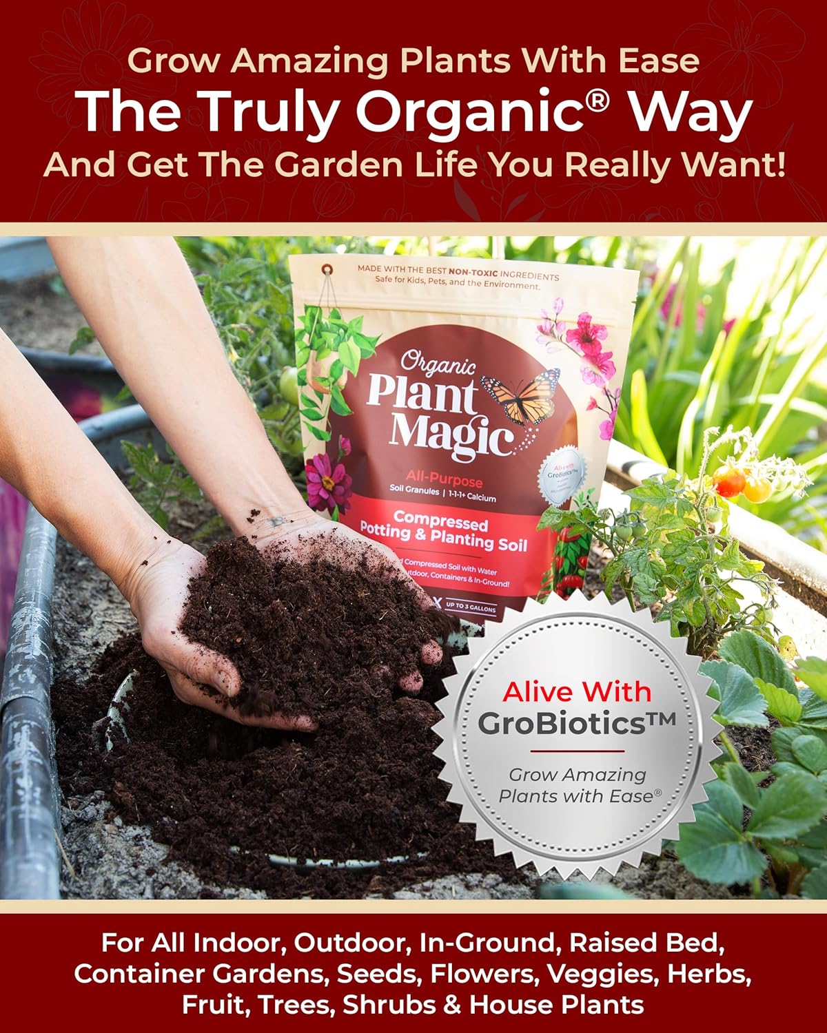 Compressed Organic Potting Soil for Garden, Plants & Vegetables - Expands 4x When Mixed with Water - Indoor or Outdoor Use - Plant Food Mix Derived from Natural Coconut Coir & Worm Castings Fertilizer
