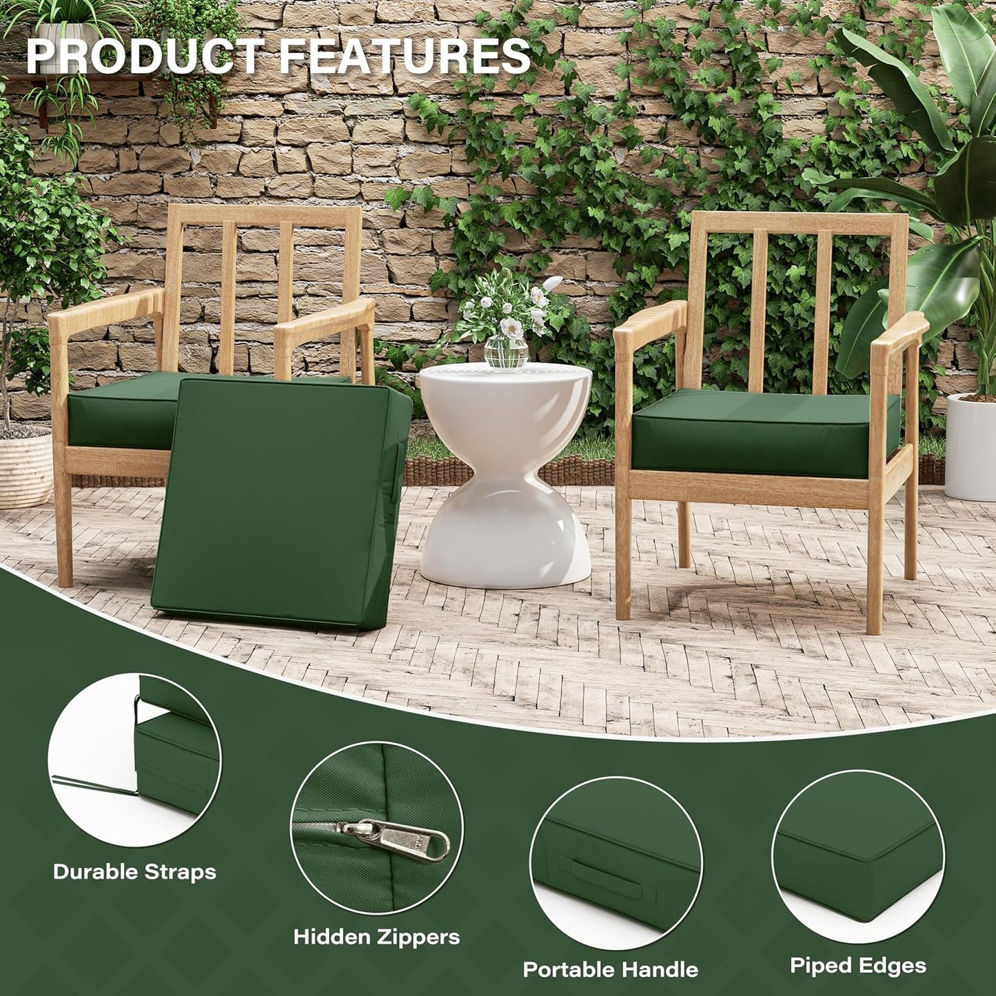 Patio Chair Cushions 19 X 19 X 4 Inch Waterproof Outdoor Seat Cushions for Patio Furniture, Outdoor Sofa Couch Pads with Ties & Handle, Set of 2, Green