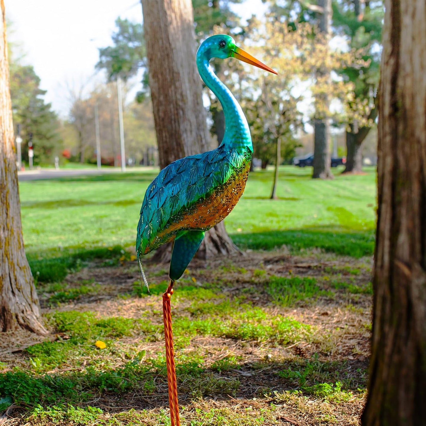 Exhart Garden Sculpture, Blue Coastal Crane Garden Statue, Outdoor Garden Decoration with Stamped Metal Details, 13 x 7 x 38.5 Inch