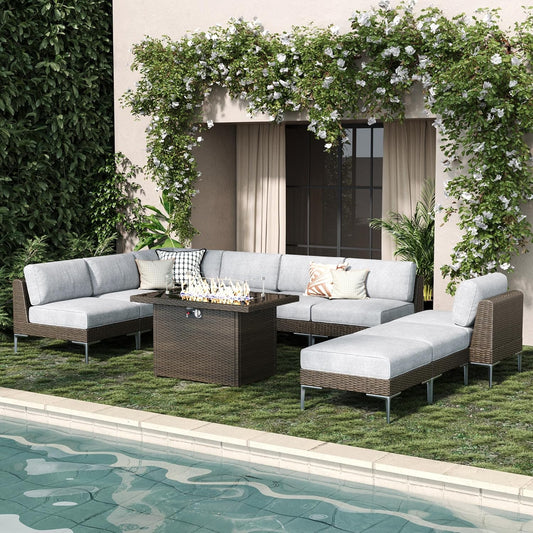 LayinSun 10-Piece Outdoor Modular Wicker Sectional Sofa with Fire Pit Table, Patio Furniture Conversation Set with Deep Seating and Thick Cushions