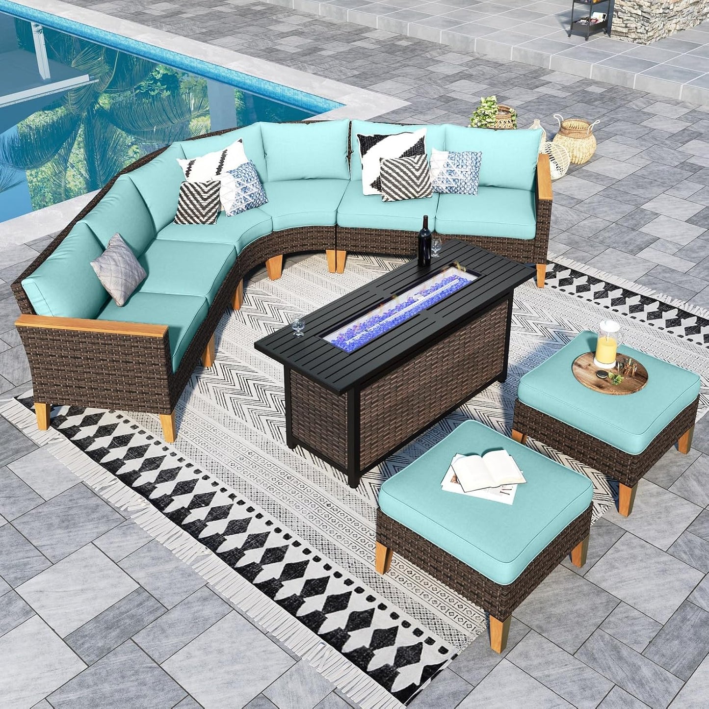 Sophia & William Patio Furniture Set with Fire Pit Table, 9 Piece Half Moon Outdoor Wicker Sectional Sofa Set, Rattan Conversation Set with 56-Inch Fire Pit Table & Ottoman (Aqua Blue)