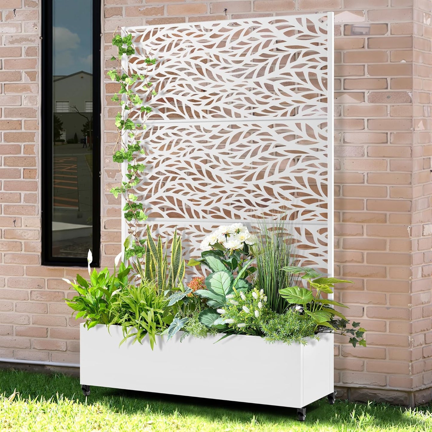 Raised Garden Bed with Trellis and Wheels,73"x47"x16" Metal Raised Garden Bed,White Flowing Leaf Metal Planter with Climbing Trellis for Vines & Vegetables