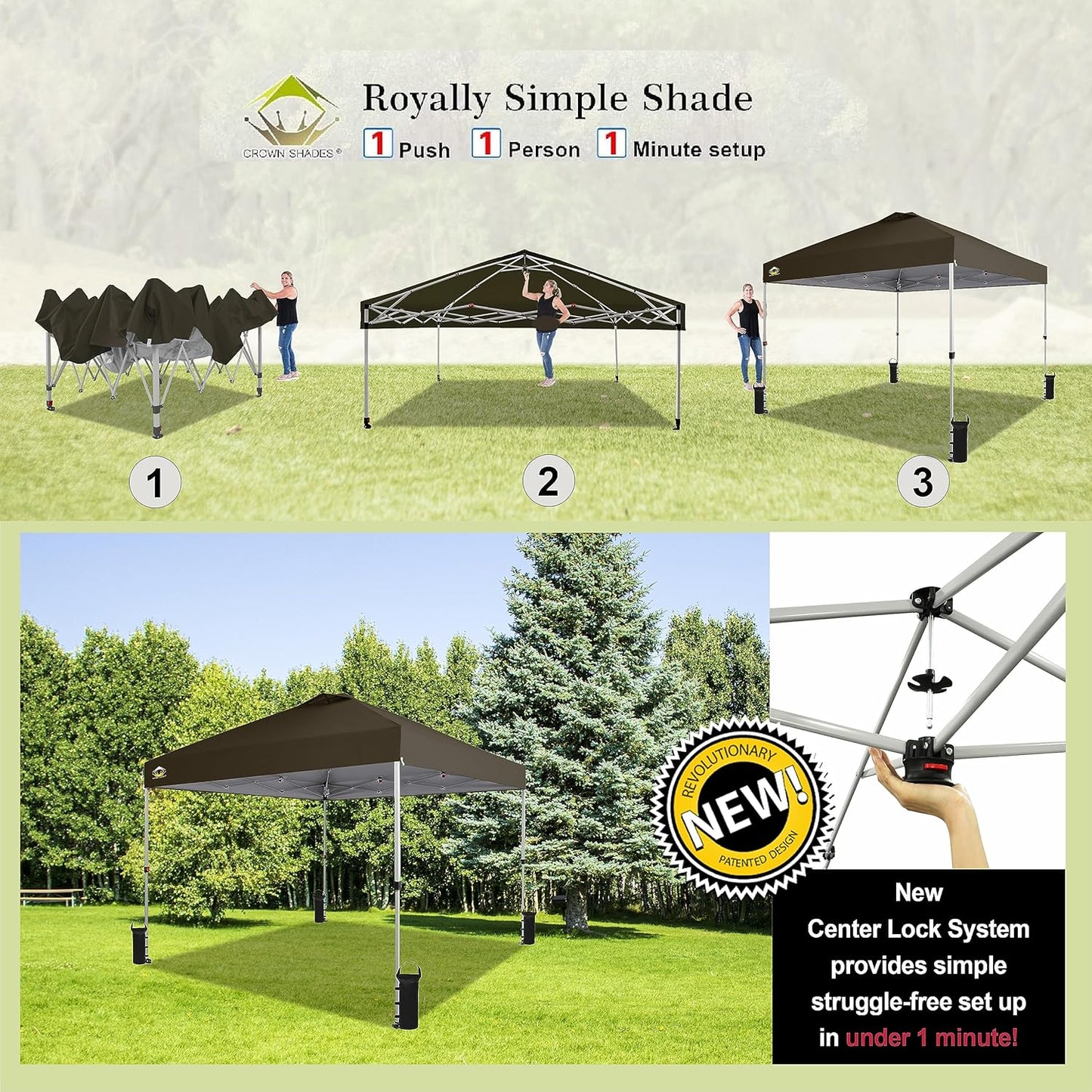 CROWN SHADES 10x10 Pop Up Canopy - Beach Tent with One Push Setup - Outdoor Sun Shade for Events, Parties, Camping - Gazebo with STO-N-Go Cover Bag, Silver Coated Top, 3 Height& 4 Sand Bags, Coffee