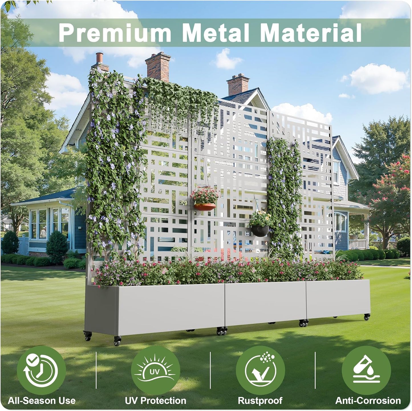 Casaphoria Metal Raised Garden Bed with Trellis and Wheels, 72"x35"x16" Planter Box for Climbing Plants, Vegetables & Vines, Features Drainage Holes and Privacy Screen (Grey-Helen)