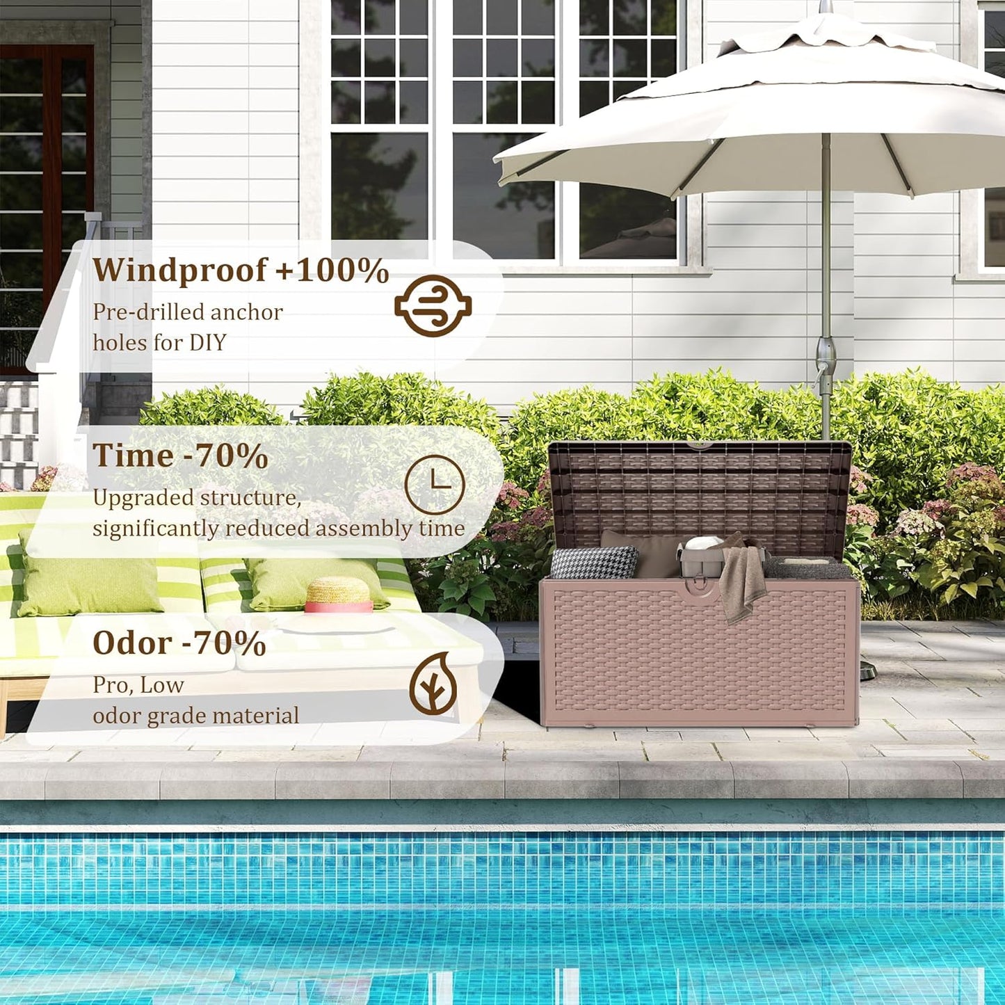 80 Gallon Pro Outdoor Storage Box Waterproof Lockable Resin Deck Box Large, Patio Storage Bin for Pool Accessories Cushion Furniture, Garden Tools, UV-Resistant Outside Delivery Brown