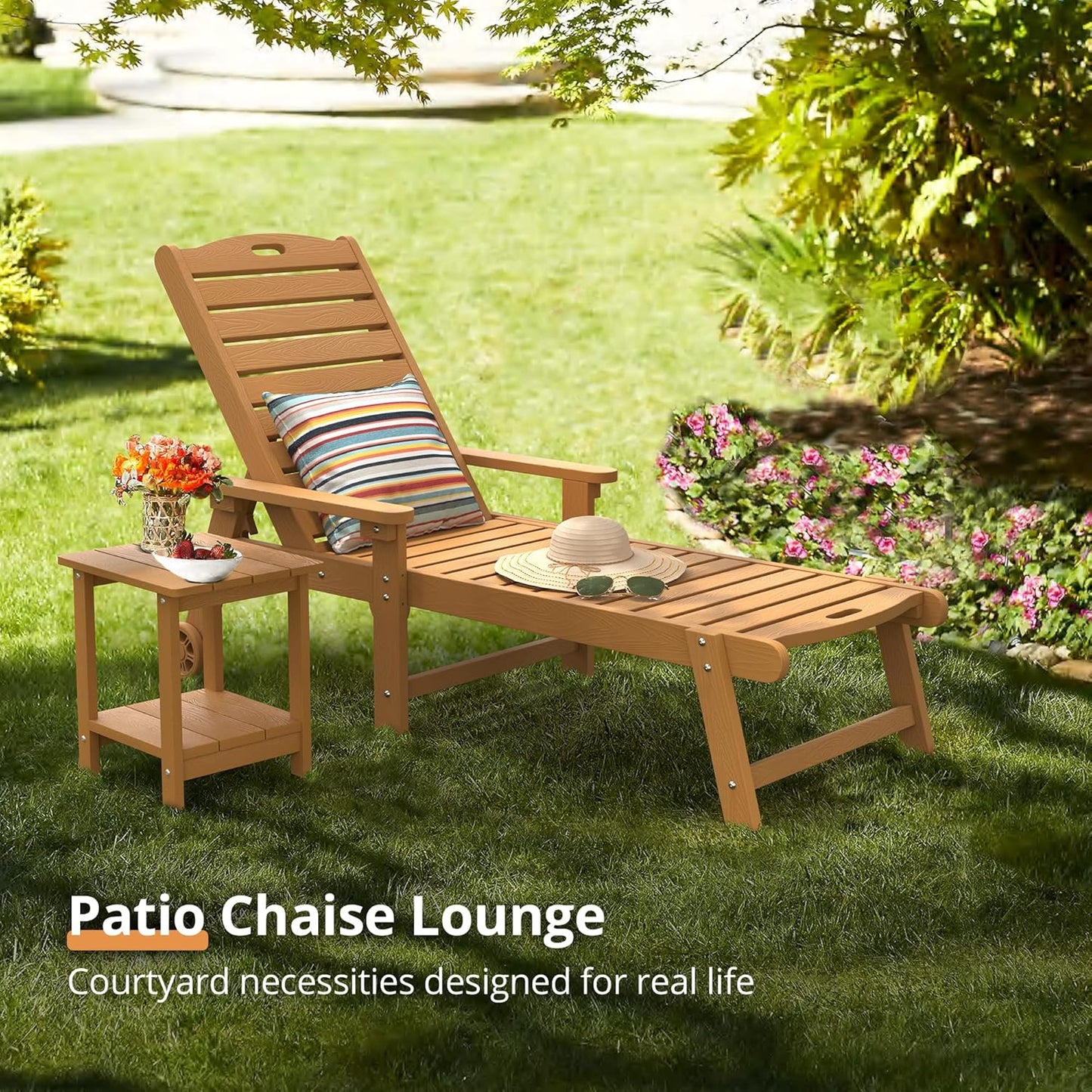 LUE BONA Chaise Lounge Chairs Set with Table, 6-Piece, HDPS Chaise Lounger, 5 Positions Adjustable Lounge Chairs, Pool Lounge Chair with Wheels for Poolside, 3 Year Warranty, Teak Color