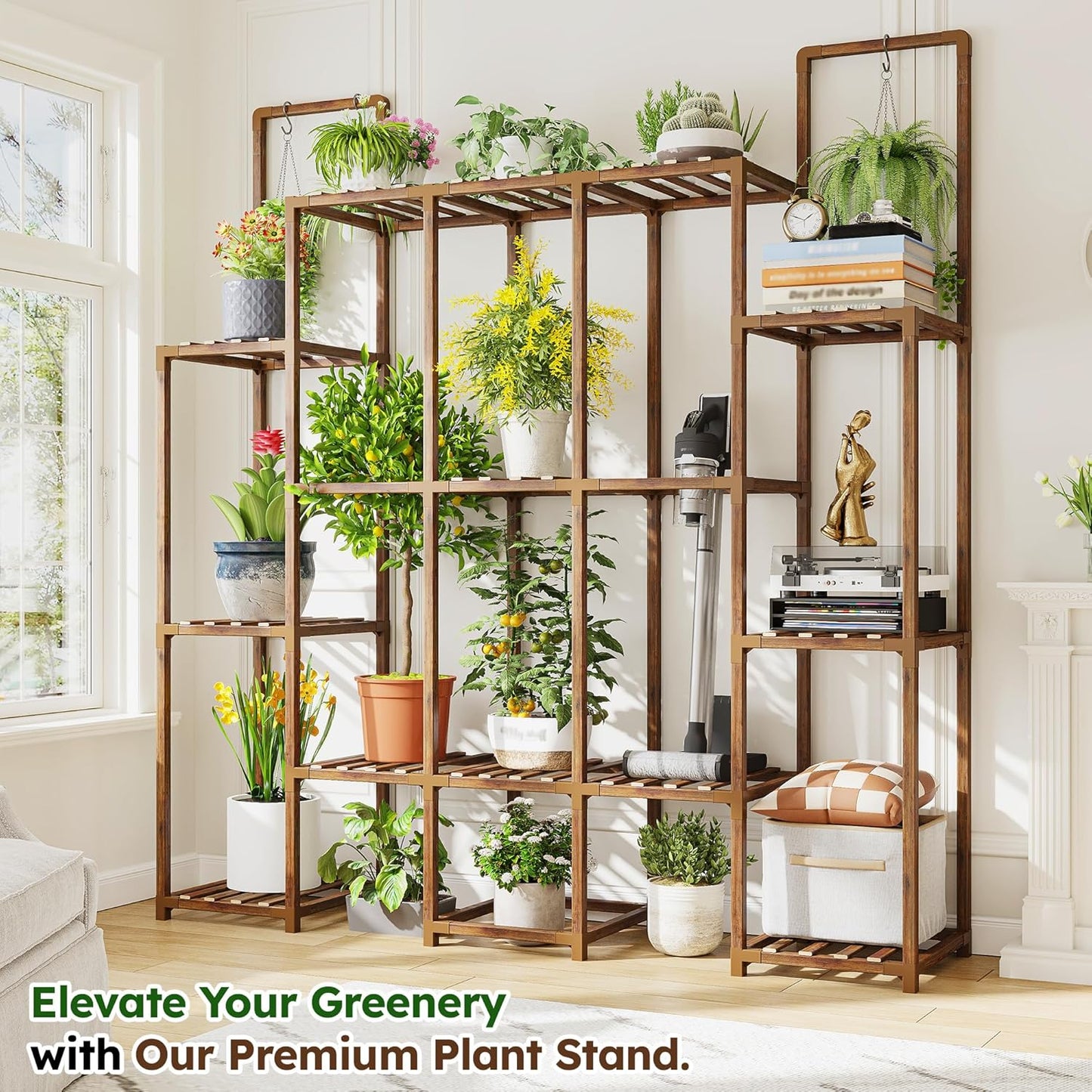 EnHomee Plant Stand Indoor for Multiple Plants Stand Outdoor with 18-22 Potted Double Rod for Hanging Plant Shelf 570 LBS Wood Plants Shelves for Living Room Patio Balcony Yard Garden 56''W×11.6''D×47''H