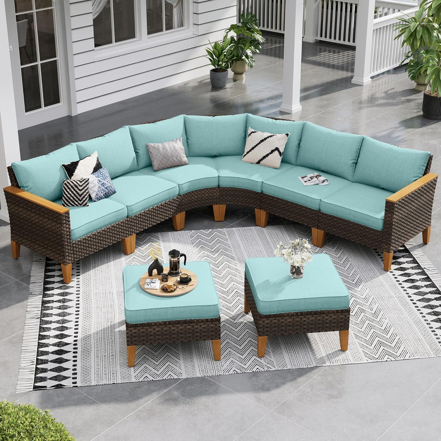 Sophia & William Outdoor Wicker Sectional Sofa Set, 8 Piece Half Moon Curved Patio Furniture Modern Round Outdoor Couch Conversation Set with Ottoman for Backyard, Pool, Garden(Aqua Blue)