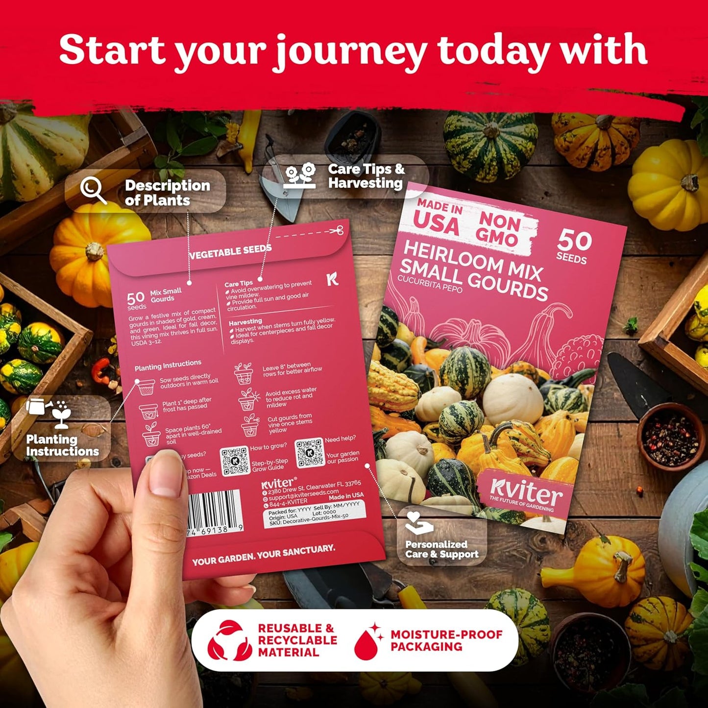 KVITER 50 Small Gourd Seeds Mix (Cucurbita Pepo) – Ornamental Fall Decor Gourds, Non GMO & Organic – Perfect Heirloom Seeds for Planting Decorative Gourds in Vegetable Garden