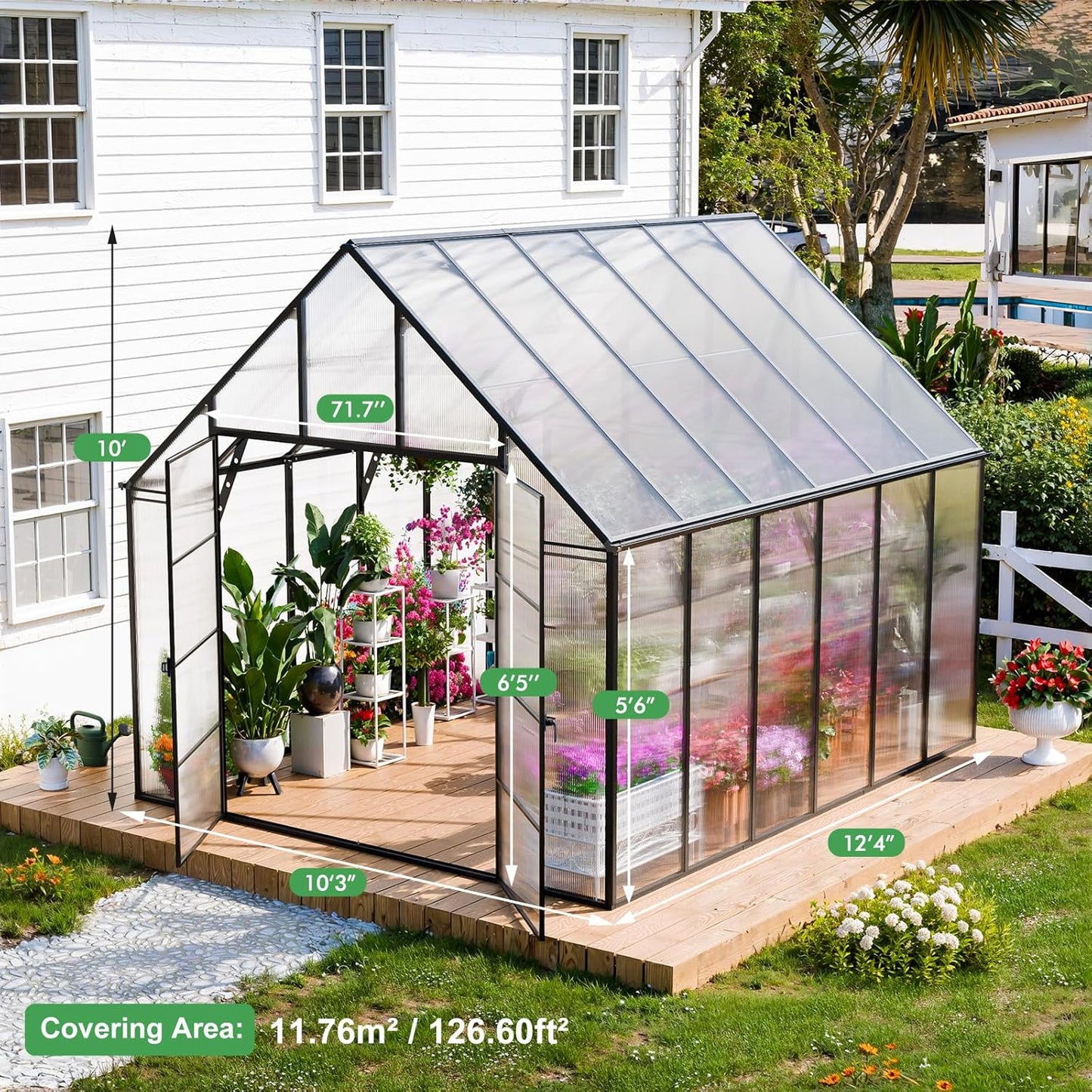 CDCASA 12.4x10.2x10 FT Greenhouse for Outdoors,Easy Assembly Large Polycarbonate Greenhouse Aluminum Heavy Duty Greenhouses w/2 Vents, Swing Door, Walk-in Green House for Patio, Backyard, Garden