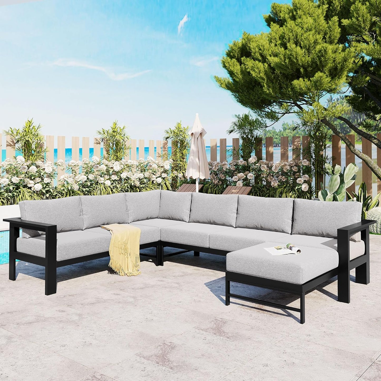 Multi-Person Outdoor Sofa Set, U-Shaped Aluminum Outdoor Sofa Set with Thick Cushions and Backrests, Modular Patio Sofa Set for Gardens, Backyards, and Balconies (Grey * 069)