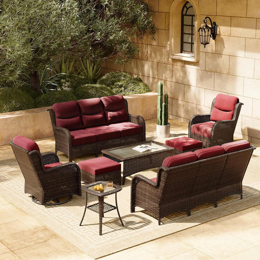 HILLGA Luxury Patio Furniture Set with 6-inch Thick Cushion, Outdoor Couch and High Back Swivel Rocker Patio Chairs, 8PCS Wicker Conversation Set for Deck Yard and Poolside, Burgundy (V2)
