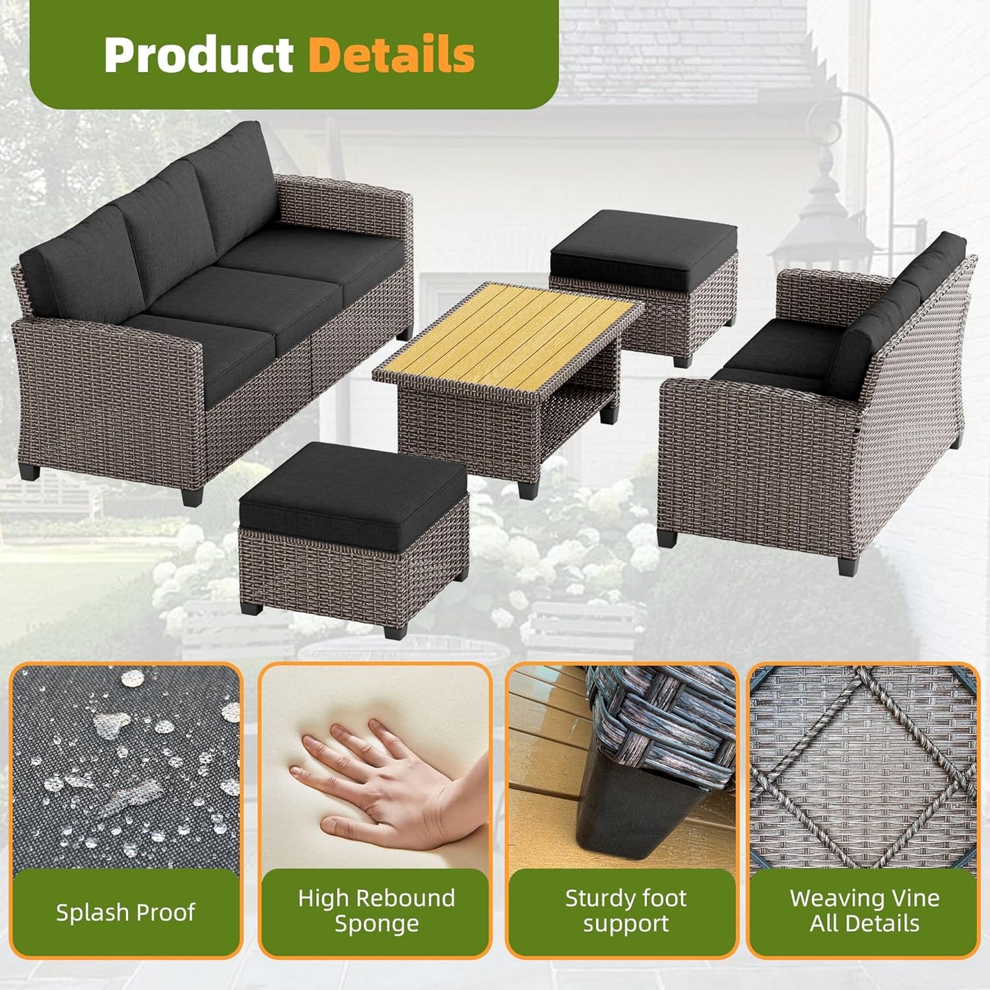 Outdoor Patio Sectional Sofa Set, 4-Piece Rattan Furniture, Patio Conversation Sets with Table Ottomans, Seats 5, Dark Grey