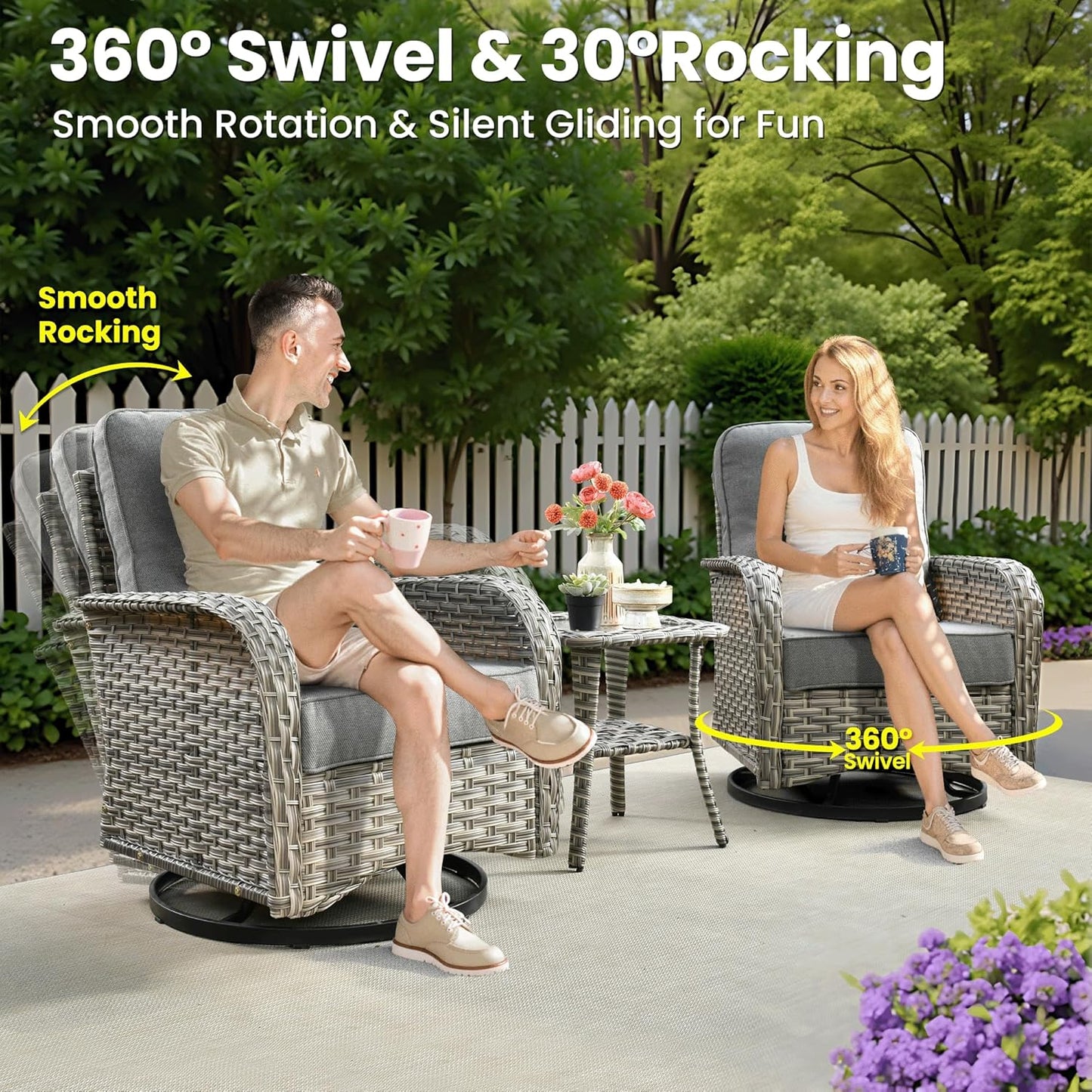 ovios 8 Pieces Patio Furniture Set Outdoor Sectional Sofa Couch with Rocking Swivel Chairs Deep Seat Chaise Comfy Cushions, Modern Modular Wicker Rattan Conversation Set, Dark Grey