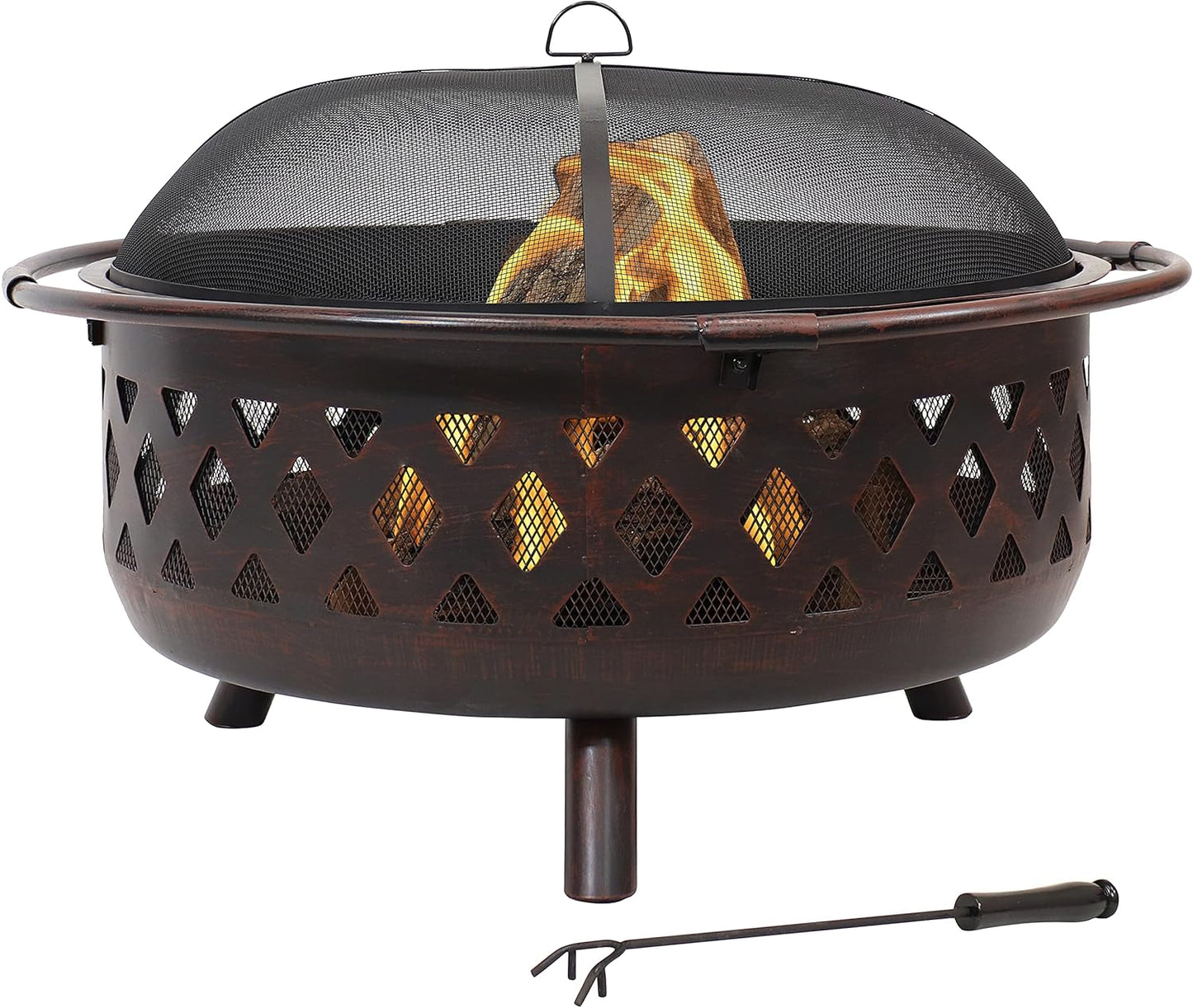 Sunnydaze Crossweave Outdoor Fire Pit - Wood-Burning Fire Pit for Outside with Spark Screen, Poker and Round Cover - 36-Inch - Bronze