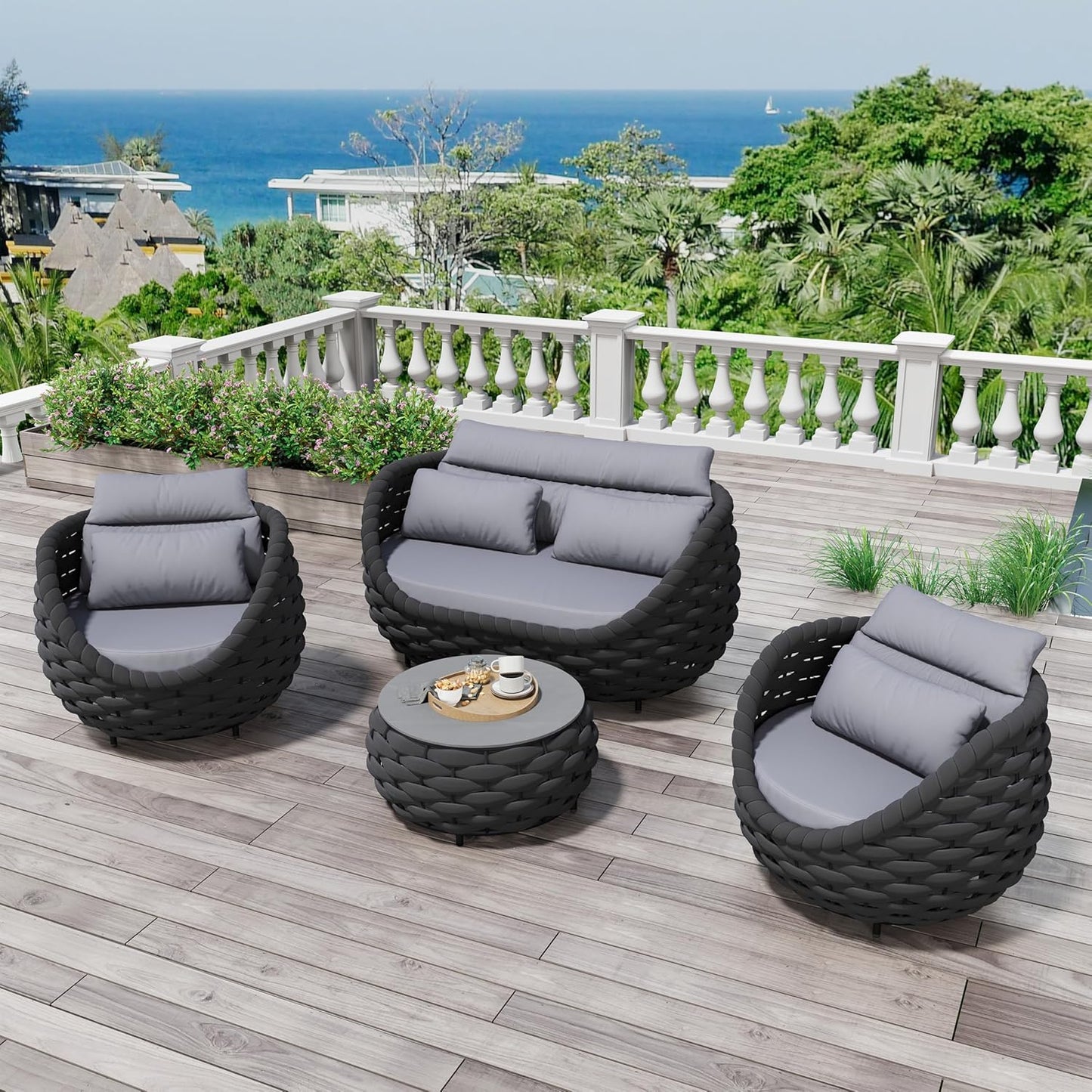 4 Pieces Assembled Patio Conversation Sets, Aluminum Outdoor Furniture Sofa Set - Modern Cushioned Set Hand Woven Rope Couch Armchair Set for 4 - All Weather for Indoor Deck Porch Backyard Hotel