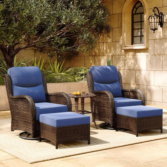 HILLGA Luxury Patio Furniture Set with 6-inch Thick Cushion, Outdoor High Back Swivel Rocker Patio Chairs, 5PCS Wicker Conversation Set for Deck Yard and Poolside, Blue (V2)