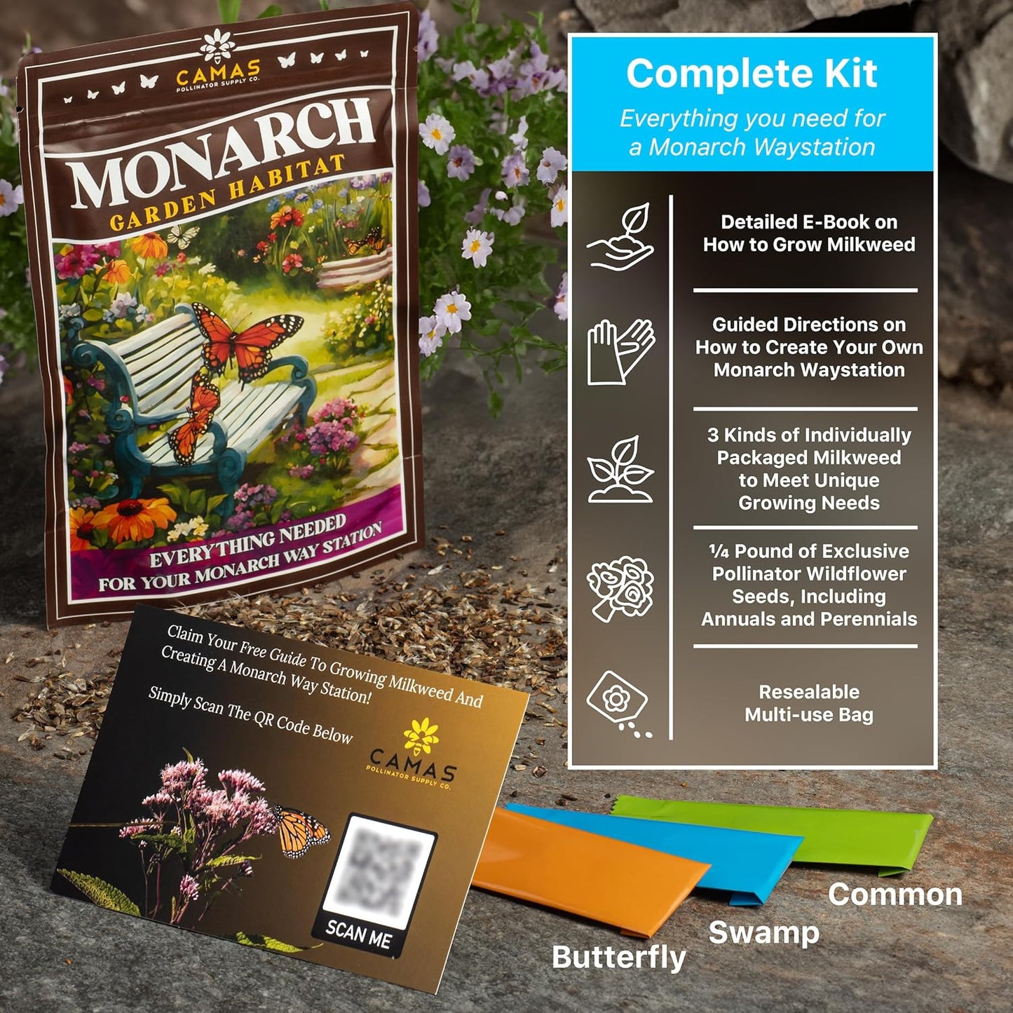 Monarch Butterfly Garden Kit with Milkweed Seeds–Perennial Flower Seeds to Plant Outside| 1/4 Pound Pure Bulk Wildflower Seeds | Garden Seeds for Attracting Pollinators | Seed Packets for Spring/Fall