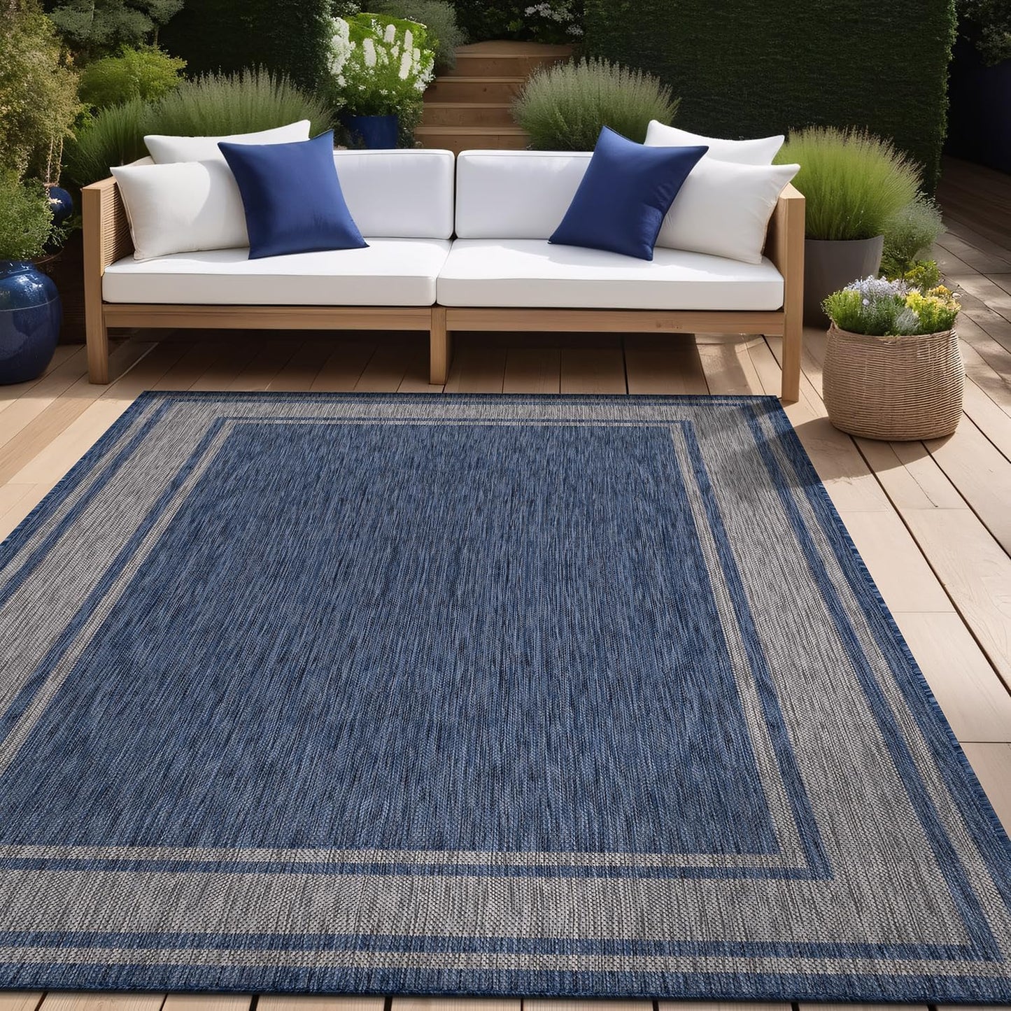 Beverly Rug Large Outdoor Rug 10x14 Modern Bordered Area Rugs for Indoor and Outdoor Patio Deck Porch Garden Waterproof Weather Sun Resistant Washable Outside Carpet (10 x 14 Navy)
