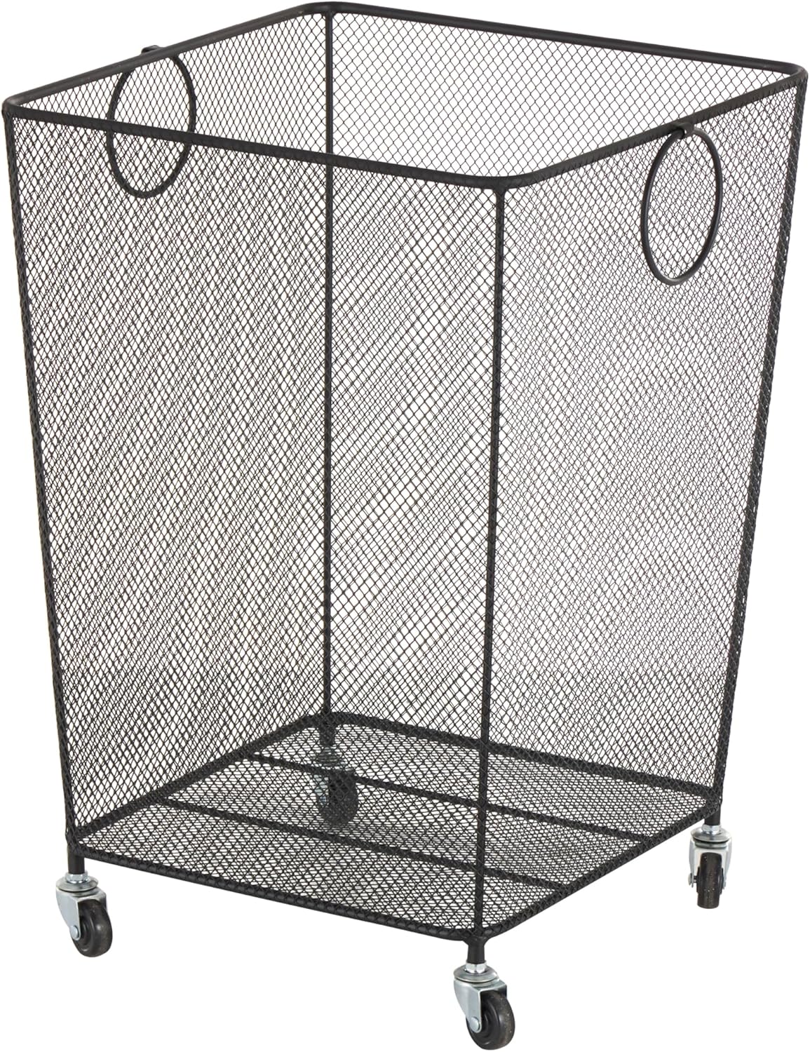 Deco 79 Metal Storage Basket Square Mesh Wire Rolling Laundry with Ring Handles, 17" x 16" x 24", Black