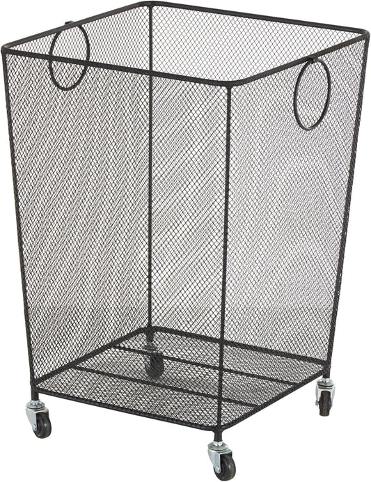 Deco 79 Metal Storage Basket Square Mesh Wire Rolling Laundry with Ring Handles, 17" x 16" x 24", Black