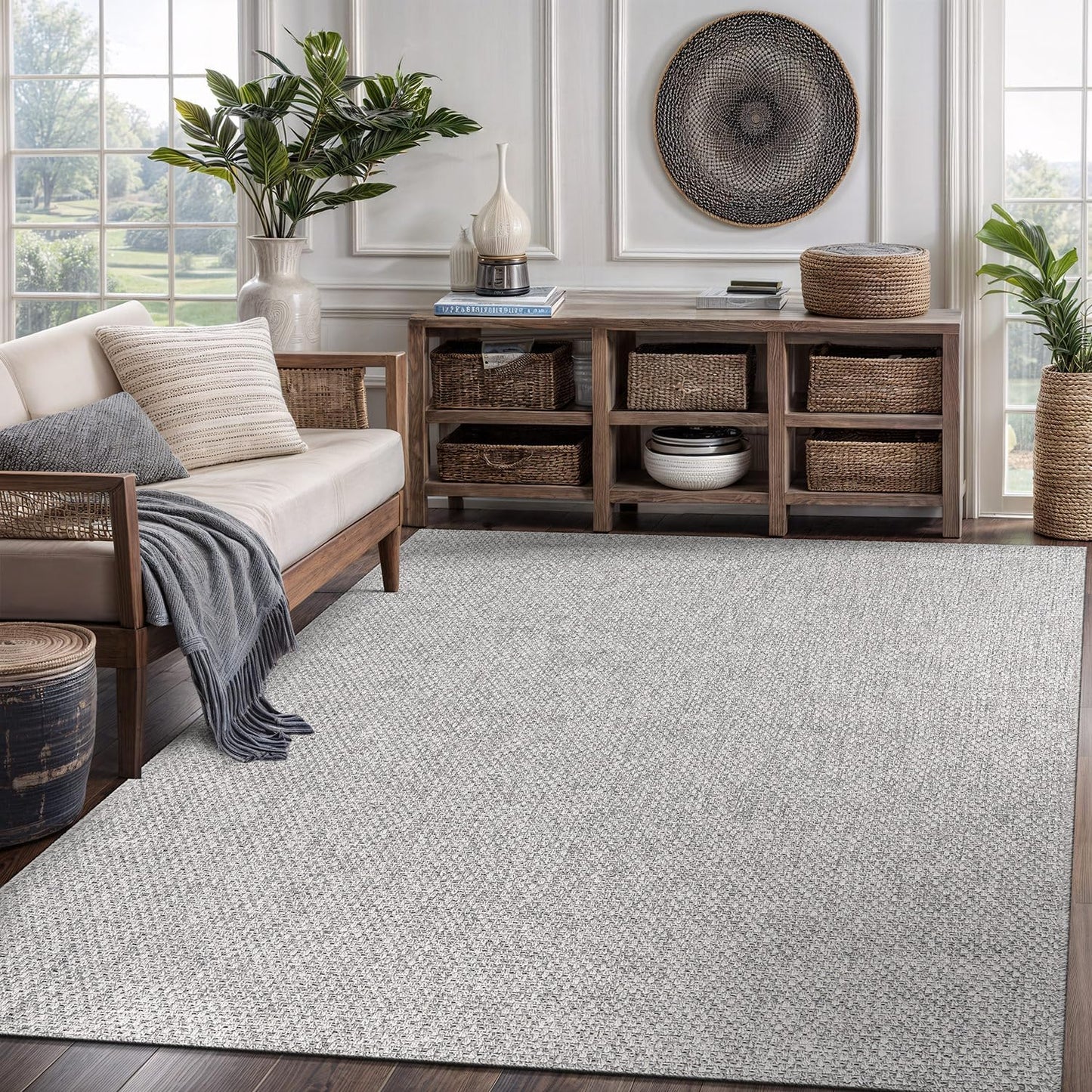 CAMILSON Easy Jute Rug 8x10, Indoor Outdoor Grey Color Area Rugs for Living Room Farmhouse Patio and Kitchen Rug, Solid Boho Woven Design, Easy-Cleaning, Washable Outside Carpet Alfombras (8 x 10)