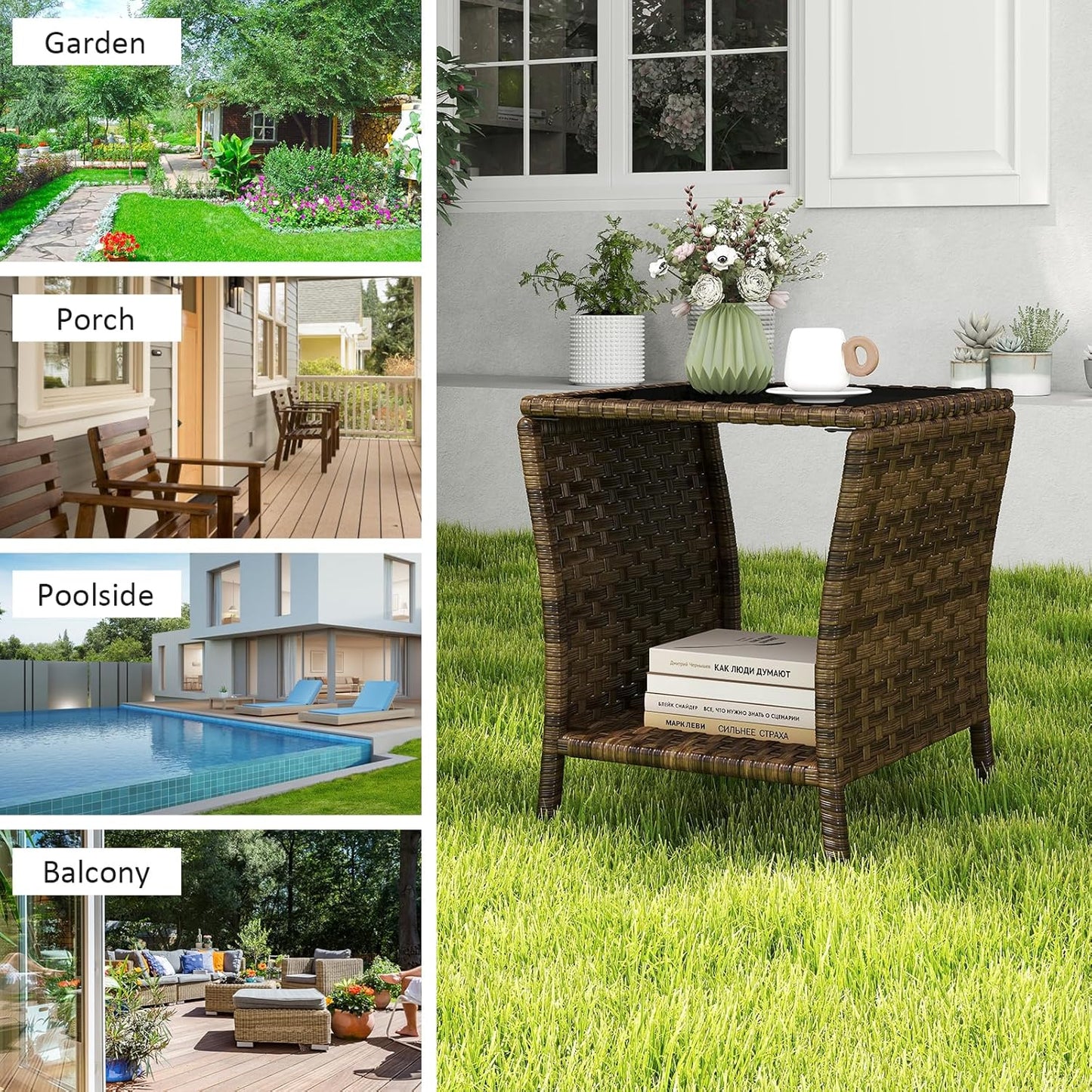 Outdoor Small Patio Table - PE Rattan Coffee Table, Wicker Side Table for Patio, Balcony & Porch, Durable & Iron Frame (1, Mixed Dark Brown)