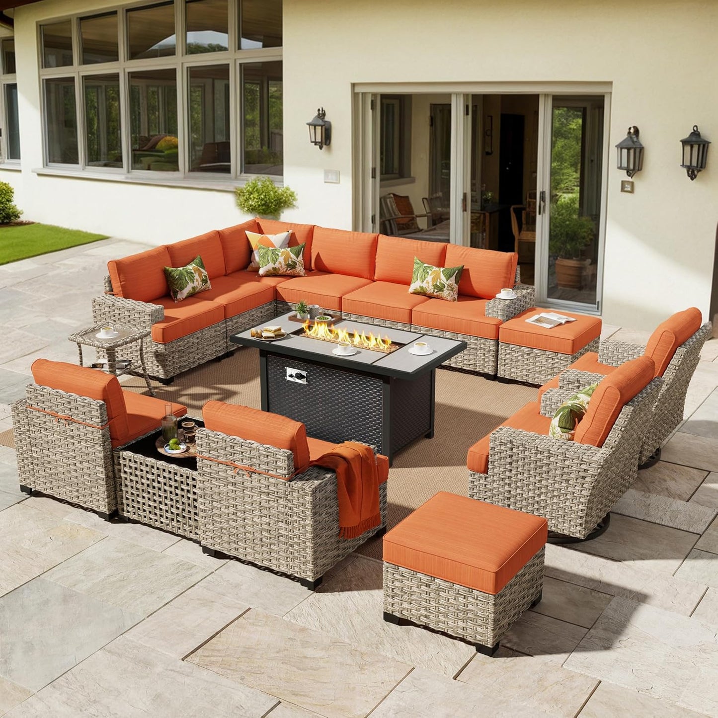 HOOOWOOO Outdoor Sectional Patio Furniture Set with Fire Pit Table,15 Pieces Wicker Conversation Sets L Shaped Couch,Extra Deep Out Door Sofa Outside Furniture with Swivel Chairs Ottomans,Brick Red