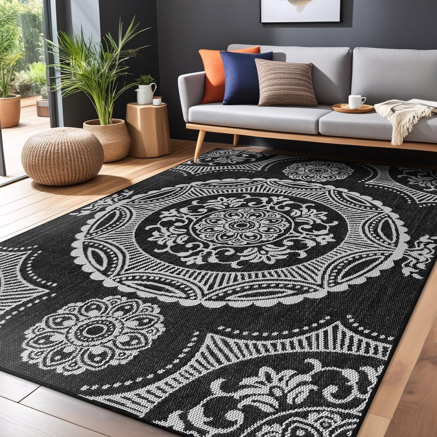 Medallion Outdoor Rug 8x10 Washable Outside Carpet for Indoor Patio Porch Waterproof Easy Cleaning Non Shedding Area Rugs Black 8 x 10