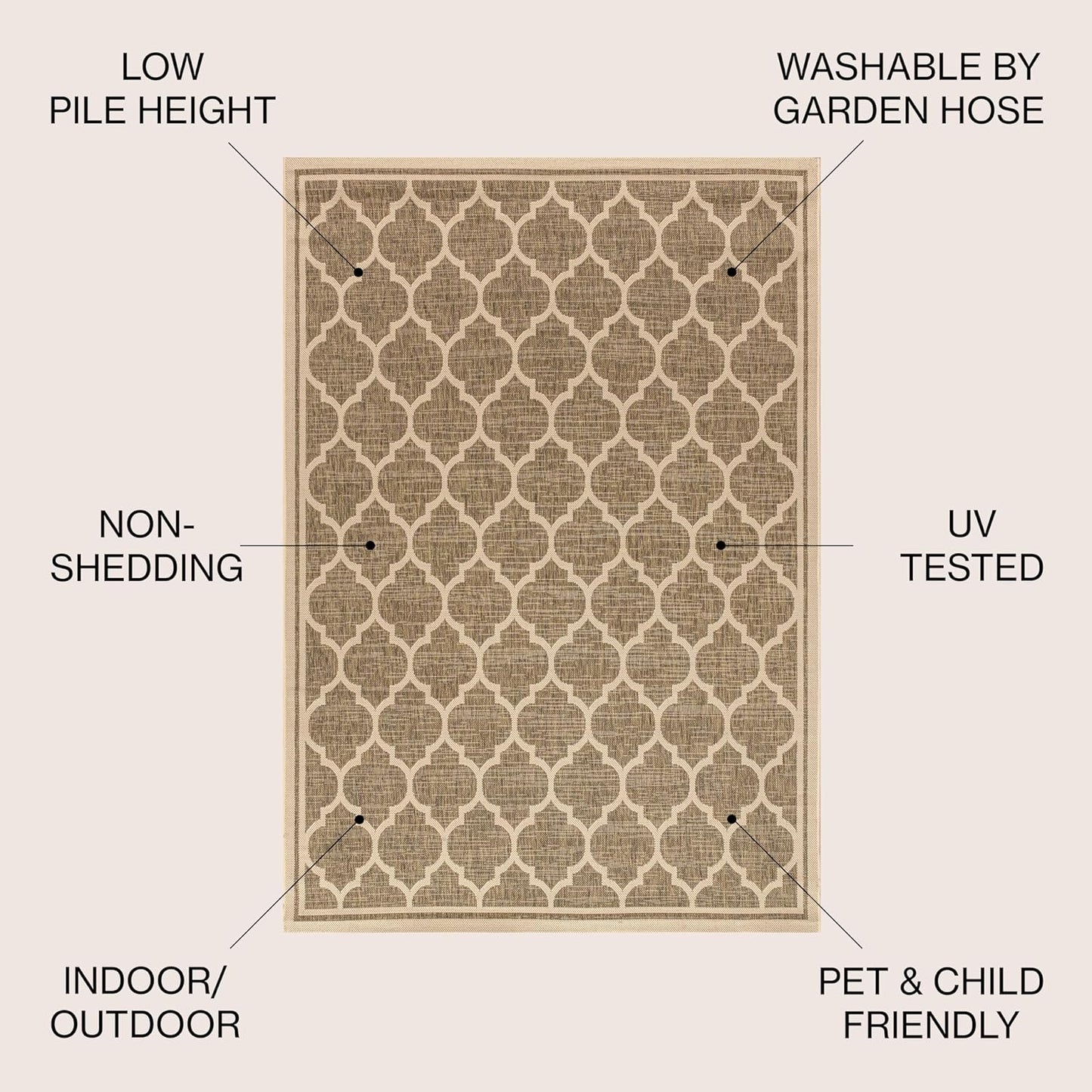 Eyely BMS109A-4SQ Santa Monica Trebol Moroccan Trellis Textured Weave, Pet Friendly, Non-Shedding, Stain Resistant, Easy-Cleaning, Brown/Beige, 4' Square, Indoor/Outdoor, Area Rug