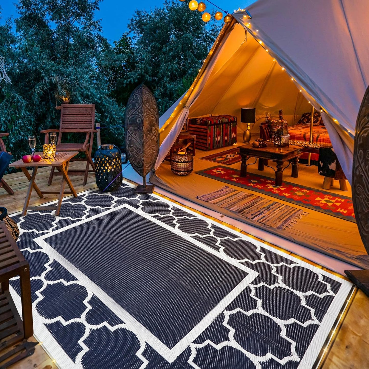 GENIMO 6' x 9' Outdoor Rug Waterproof for Patio Decor, Foldable Reversible Plastic Straw Area Rugs Mat with String Light, Led Carpet for Camper, Rv, Deck, Porch, Picnic, Beach, Balcony, Blue & White