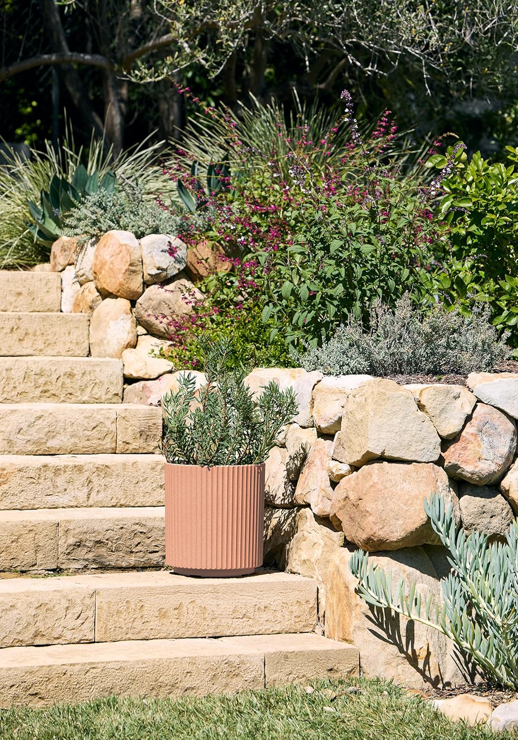 Veradek Demi Series Round Planter for Porch, Patio, Backyard | Durable Plastic-Stone Composite Material | Modern Décor for Tall Plants, Flowers