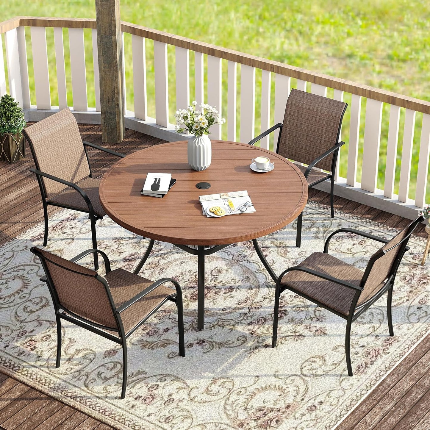 VICLLAX 5 Pieces Patio Dining Set for 4, Outdoor Furniture Set Includes 40.7" Round Patio Table and 4 Patio Stackable Chairs, Walnut Tabletop and Brown Fabric
