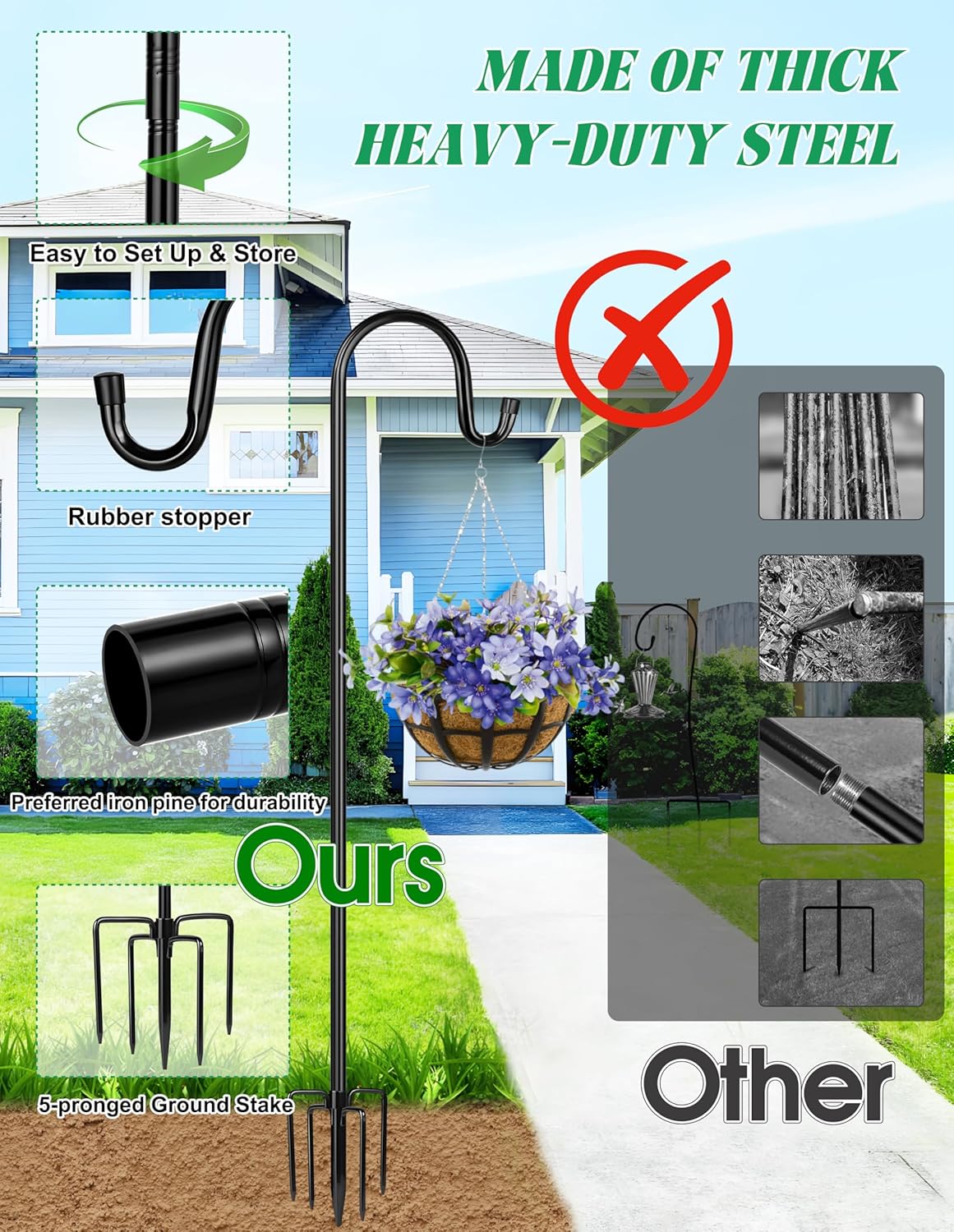 XDW-GIFTS Bird Feeder Pole for Outdoor, 45 Inch Shepherds Hooks Heavy Duty Garden Pole for Hanging Plant Basket, Solar Light Lanterns, Garden Plant Hanger Stands with 5 Base Prongs
