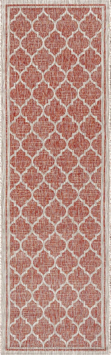 Eyely BMS109C-210 Santa Monica Trebol Moroccan Trellis Textured Weave Indoor/Outdoor Runner Rug Coastal;Bohemian, Bedroom, Backyard, Patio, Easy-Cleaning, Non-Shedding, 2 X 10, Red/Beige