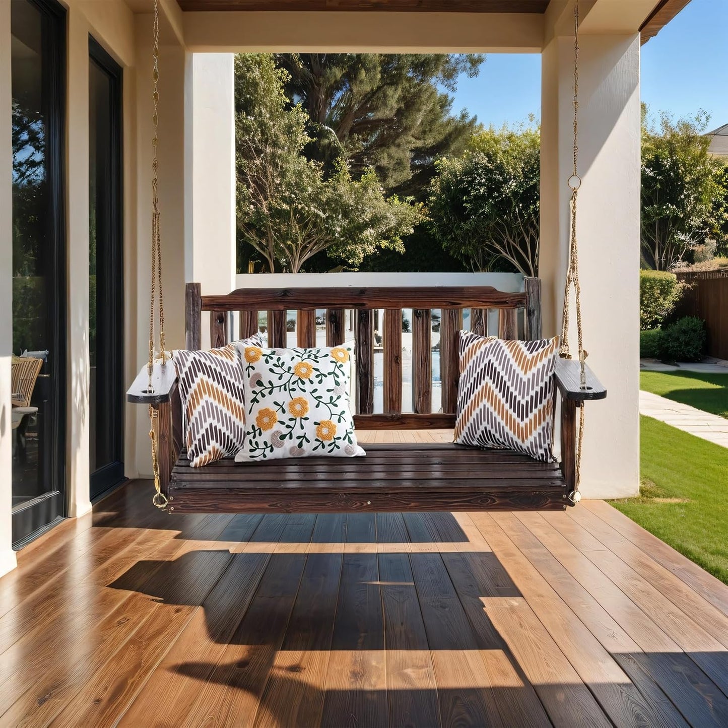 Anraja Wooden Porch Swing 2-Seater, Bench Swing with Hanging Chains, Heavy Duty 800 LBS, for Outdoor Patio Garden Yard, 4 Ft, Brown