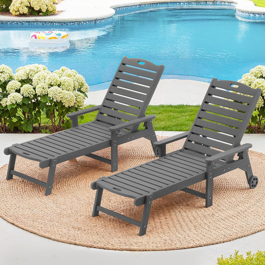LUE BONA Outdoor Chaise Lounge Chairs Set of 2, 79'' Oversized HDPS Chaise Lounger, 5 Positions Adjustable Lounge Chairs, Pool Lounge Chair with Wheels for Poolside, 3 Year Warranty, Dark Gray