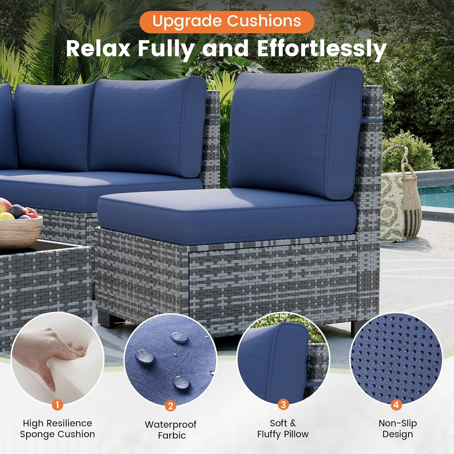UDPATIO Patio Furniture Set, 8 Inch Armrest Outdoor Sectional Sofa, 6 Piece Wicker Outdoor Furniture Conversation Sets with Waterproof Cover and Coffee Table for Backyard Deck(Grey/Navy Blue)