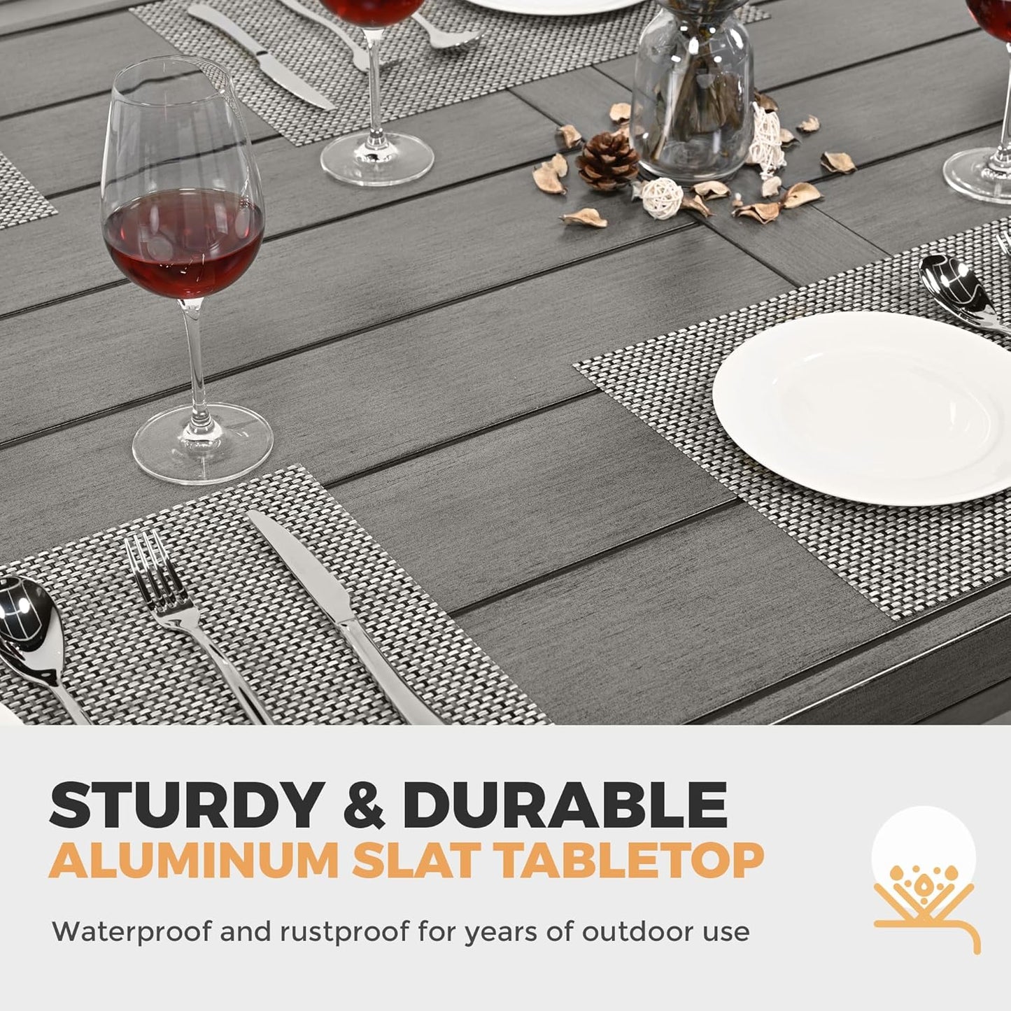 HAPPATIO Patio Dining Table for 8, Large Rectangle 84"×39.8", Patio Aluminum Slat Dining Table with 2.2" Umbrella Hole, All Weather Outdoor Table for Lawn, Garden and Poolside