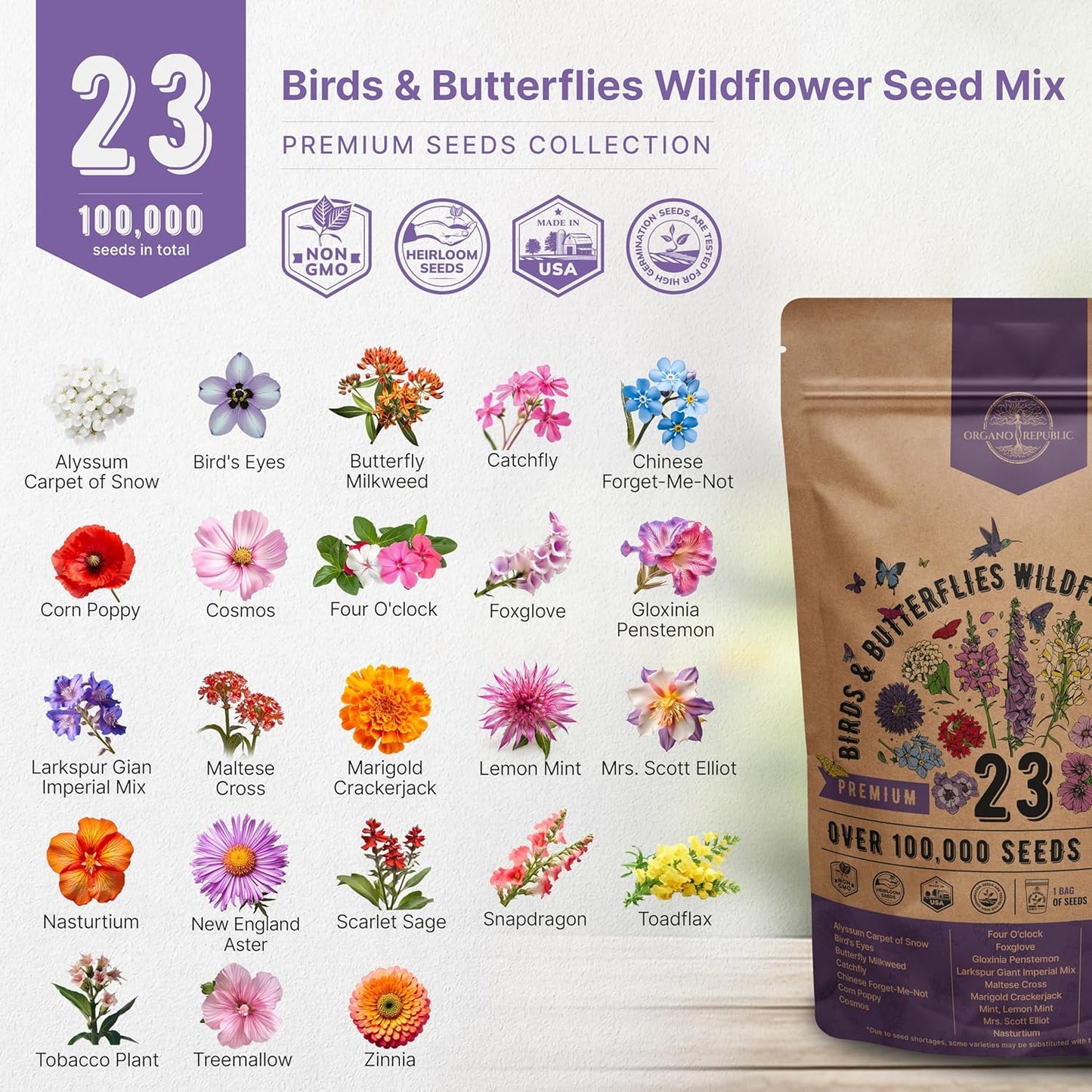 Organo Republic 23 Wildflower Seeds Annual & Perennial Mix for Indoor & Outdoors, Attract Birds & Butterflies 100,000+ Non-GMO, Heirloom Garden Seeds, 4oz Packet for Growing Wild Flowers