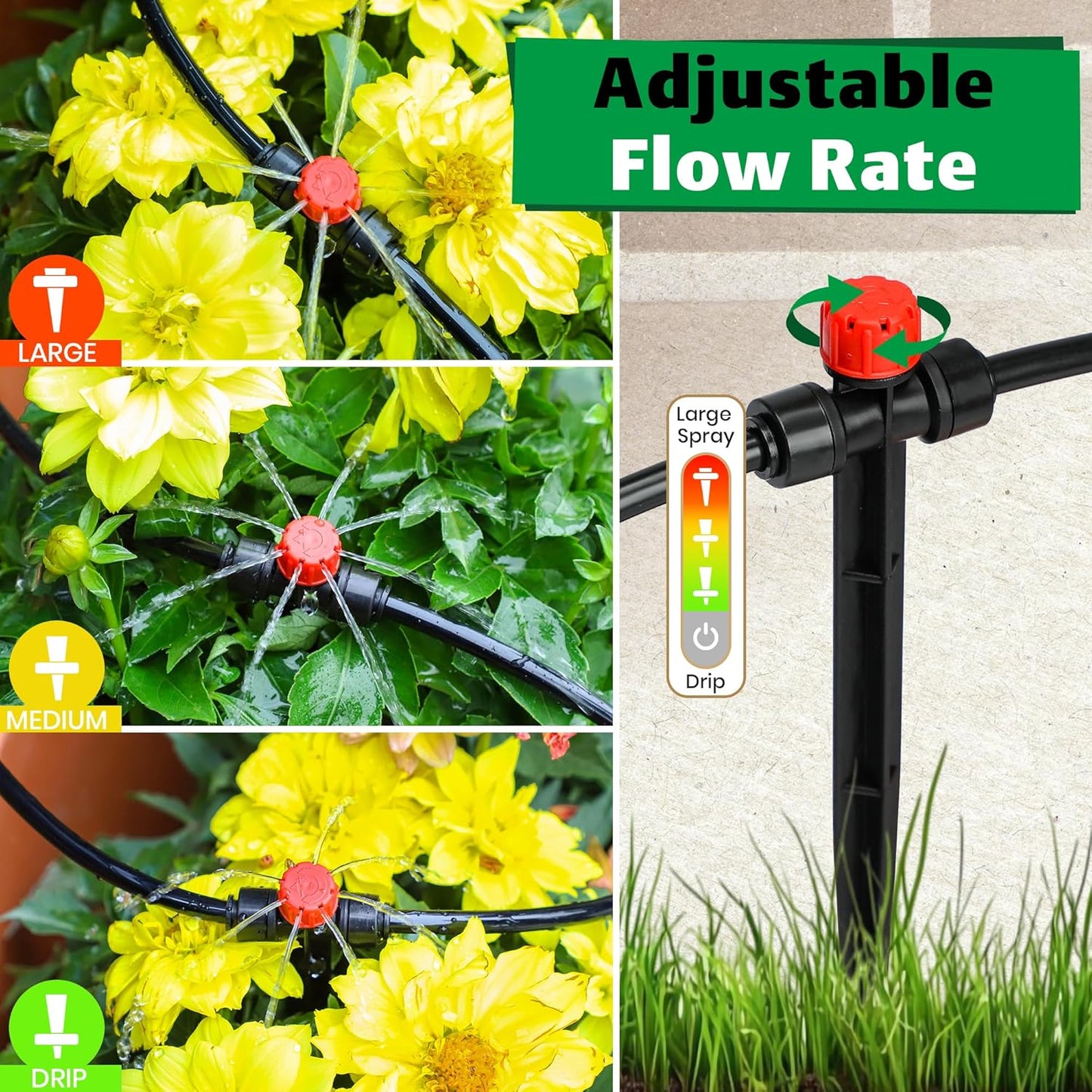 MIXC 20pcs Two-Way Quick-Connect Drip Irrigation Emitters for 1/4" Drip Irrigation Tubing - Adjustable Push-to-Connect 360° Drip Emitters Stream on 7" Sturdy Stake for Irrigation System