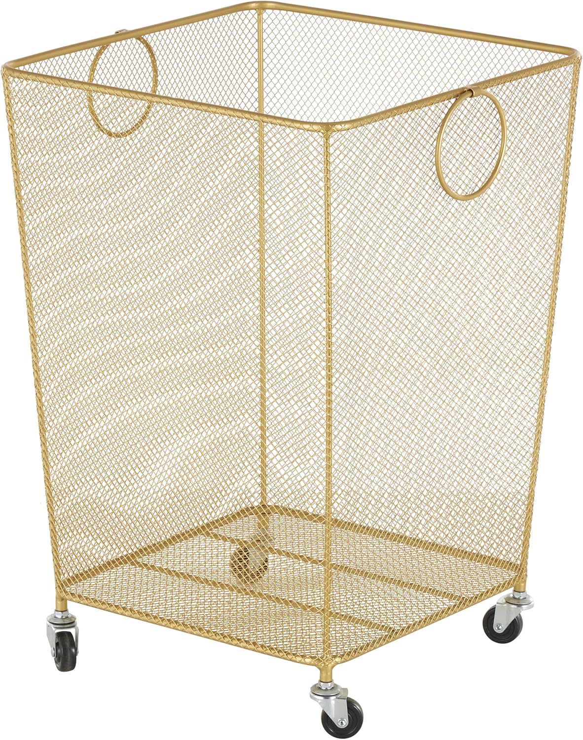 Deco 79 Metal Storage Cart Square Mesh Wire Rolling Laundry with Ring Handles, 17" x 16" x 24", Gold