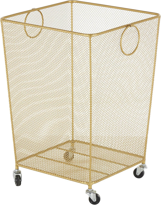 Deco 79 Metal Storage Cart Square Mesh Wire Rolling Laundry with Ring Handles, 17" x 16" x 24", Gold